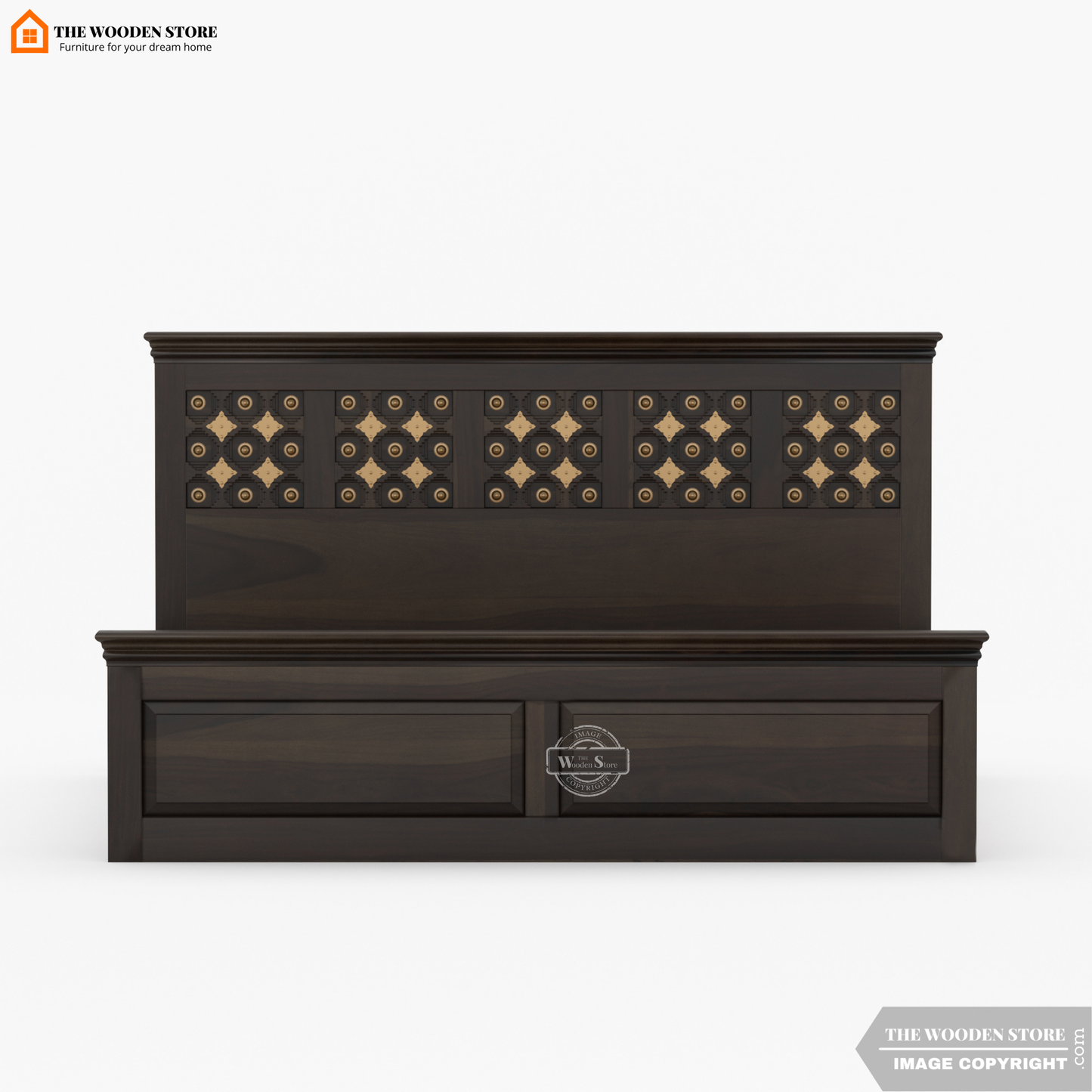 Indi Brass Bed with Drawer Storage (Queen Size, Walnut Finish)