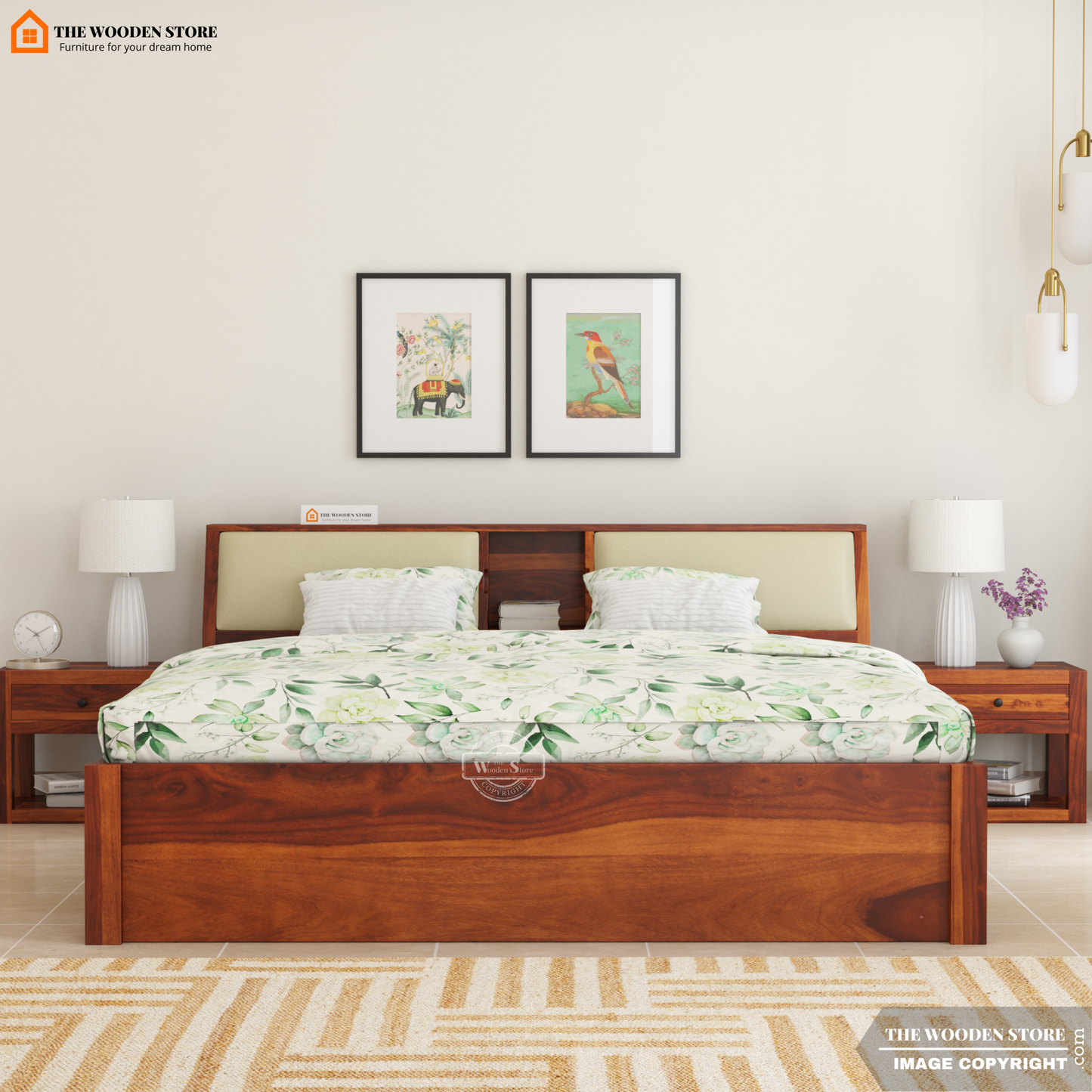 Walker Hydraulic Bed With Storage (Queen Size, Honey Finish)