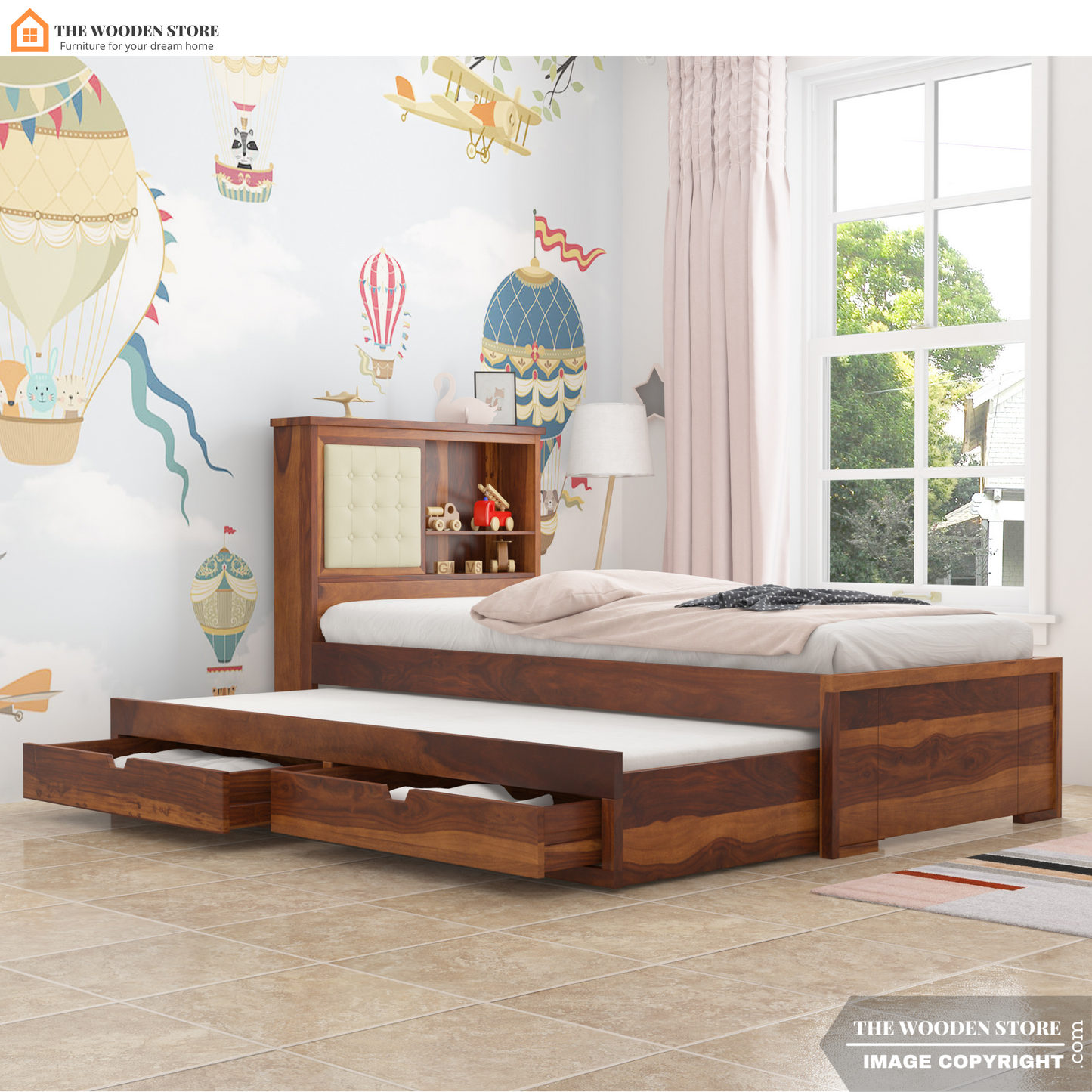 Nano Kids Trundle Bed With Storage (Honey Finish)