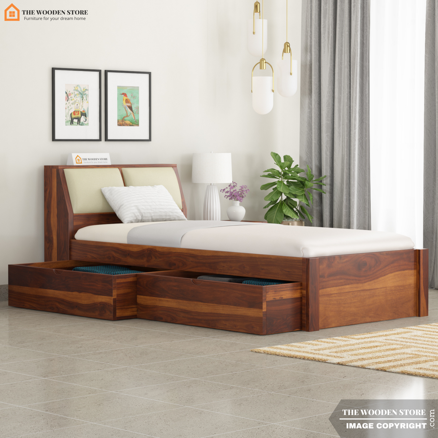 Walker Single Bed With Drawer Storage (Honey Finish)