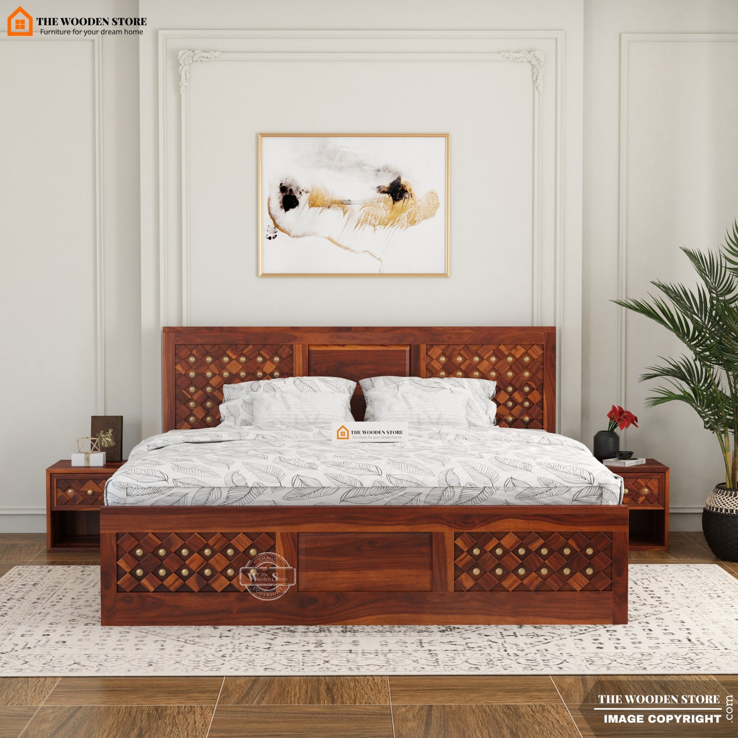 Bronzon Sheesham Wood Bed with Full Drawer Storage (Queen Size, Honey Finish)