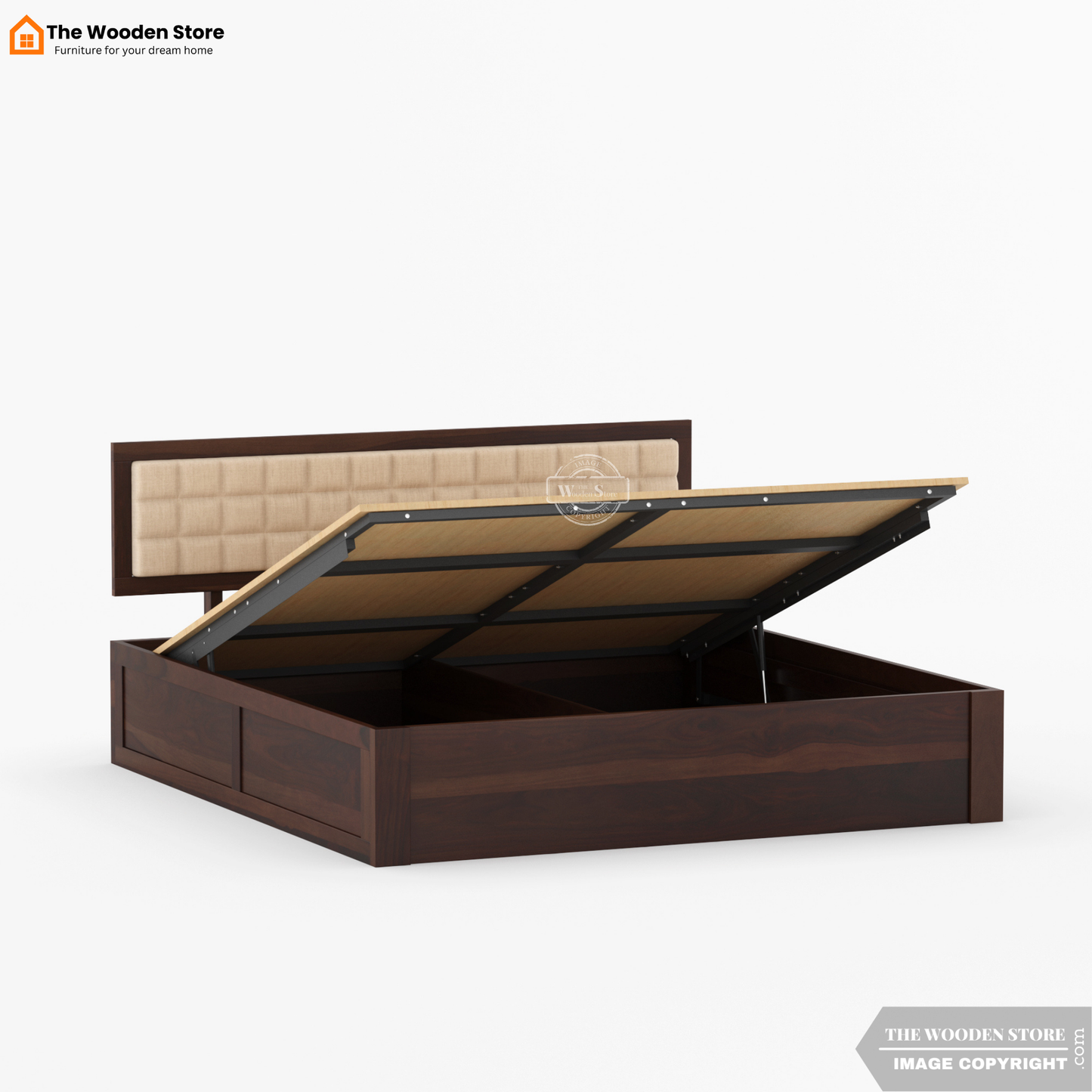 Halis Upholstered Hydraulic Bed With Storage (King Size, Walnut Finish)