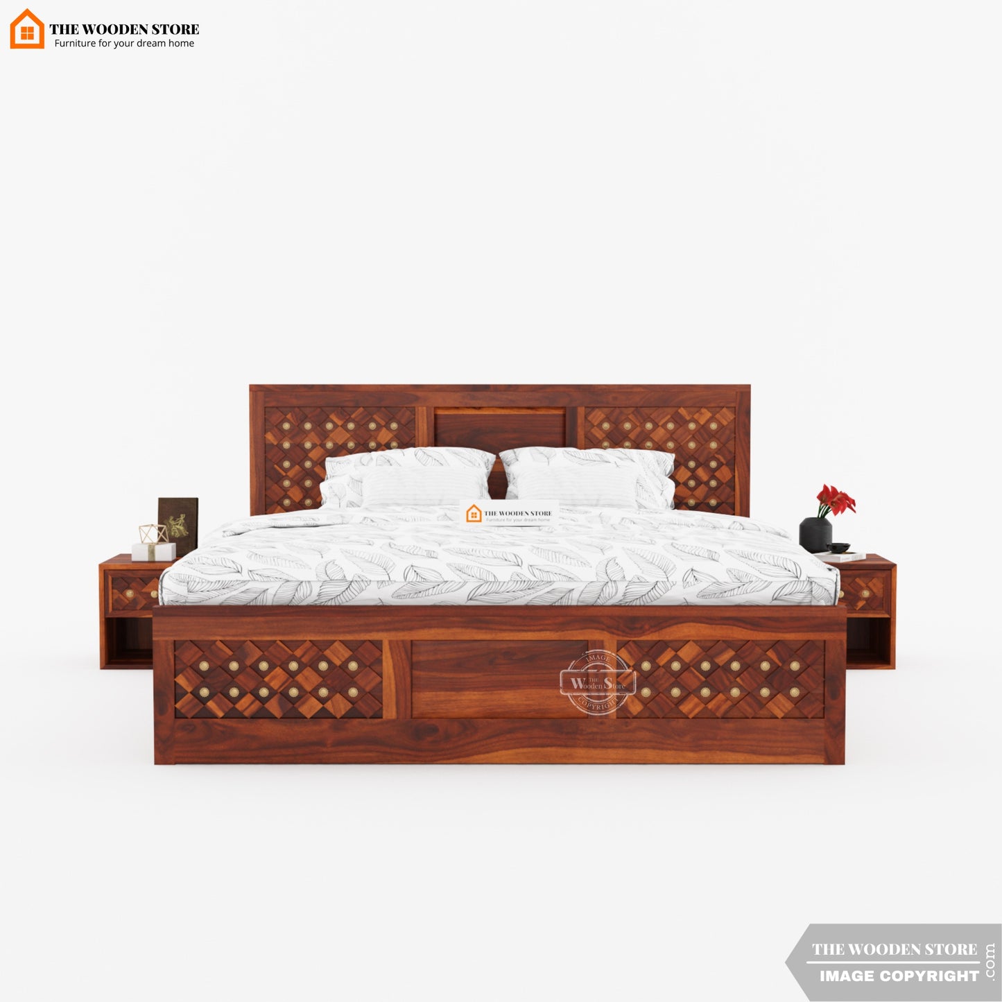 Bronzon Sheesham Wood Bed with Full Drawer Storage (Queen Size, Honey Finish)