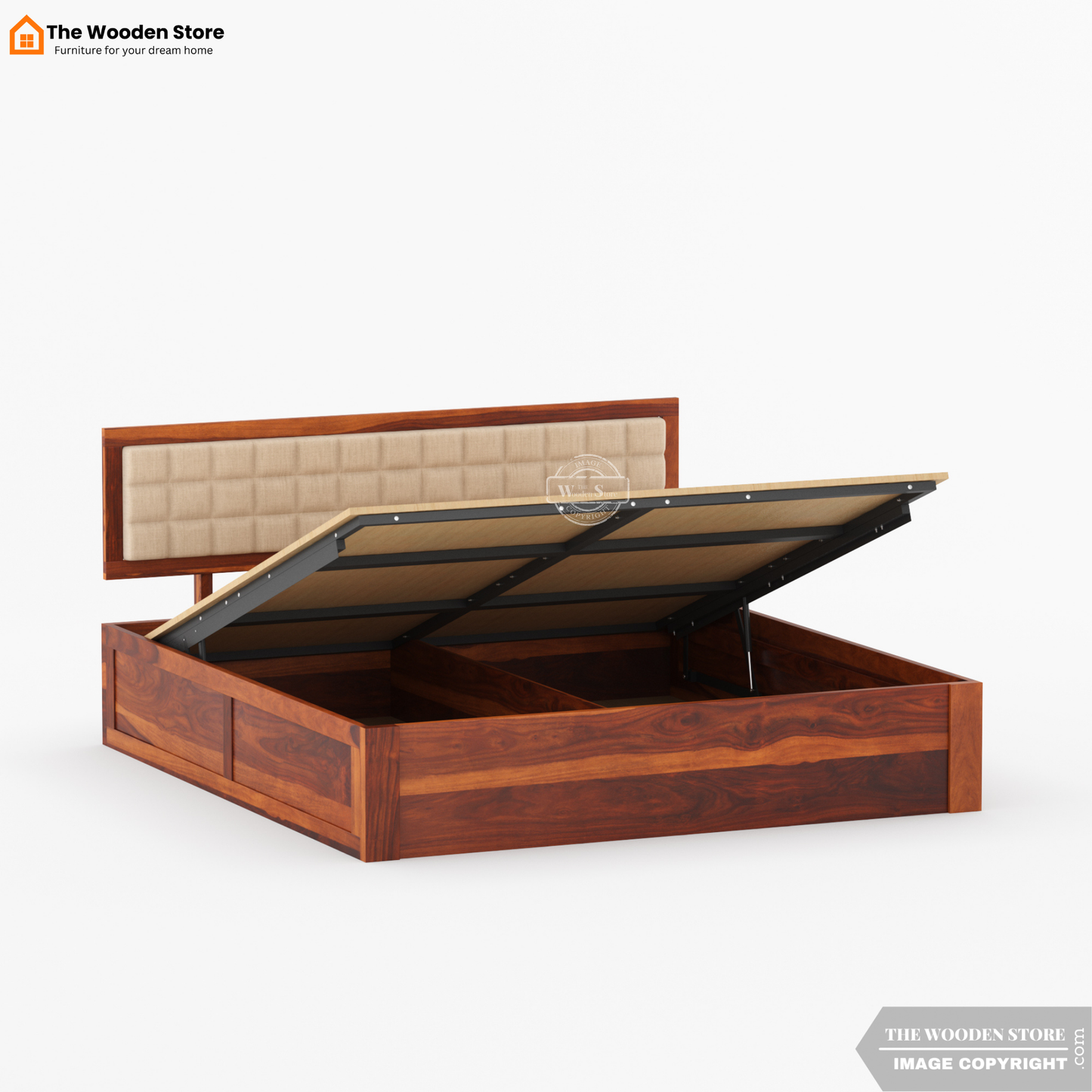 Halis Upholstered Hydraulic Bed With Storage (King Size, Honey Finish)