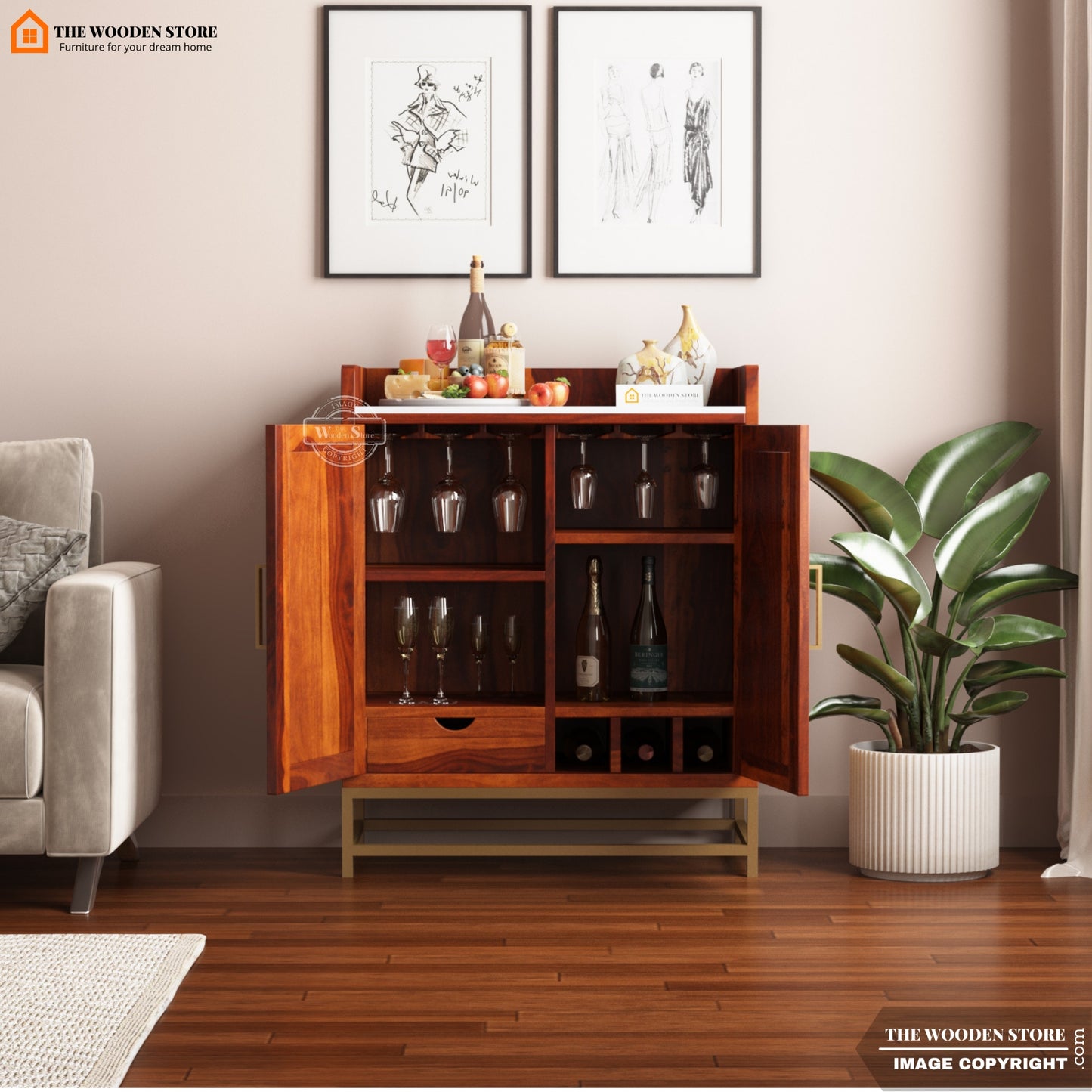 Mervin Bar Cabinet with Marble Top and Cane (Honey Finish)