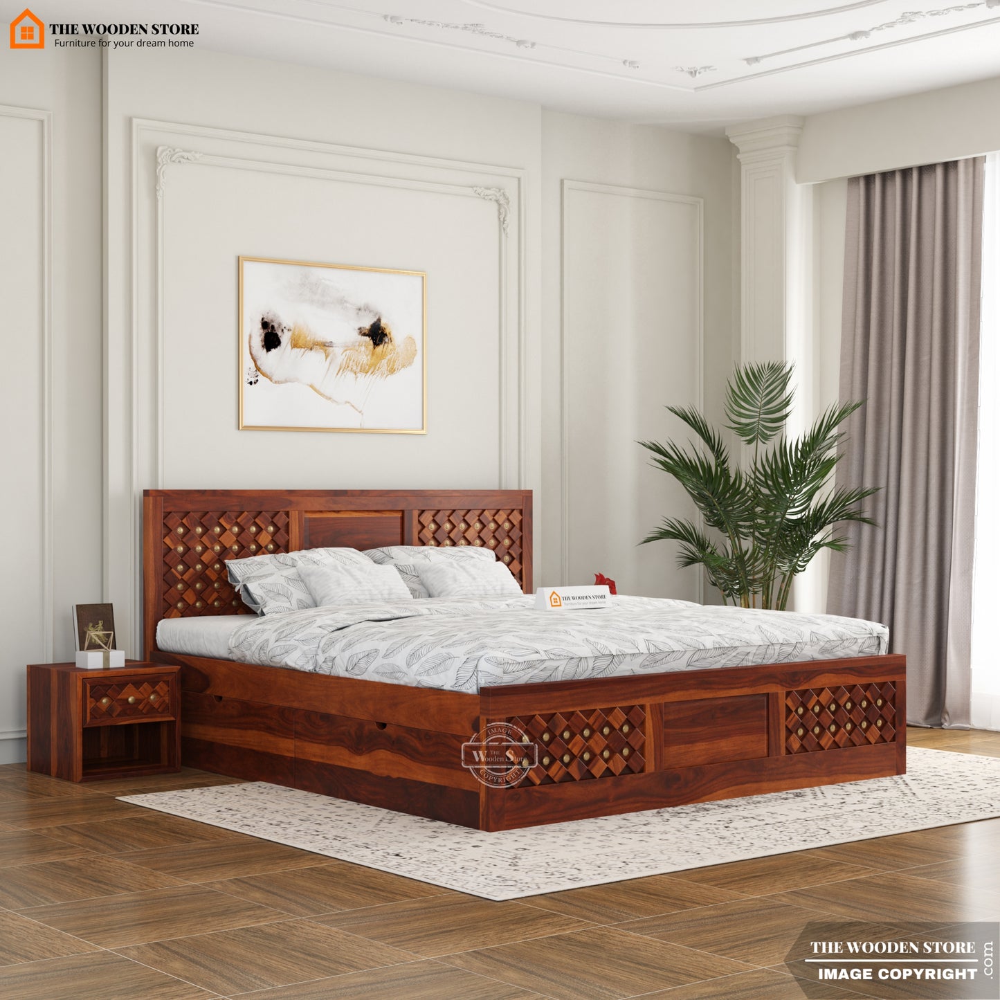 Bronzon Sheesham Wood Bed with Full Drawer Storage (Queen Size, Honey Finish)