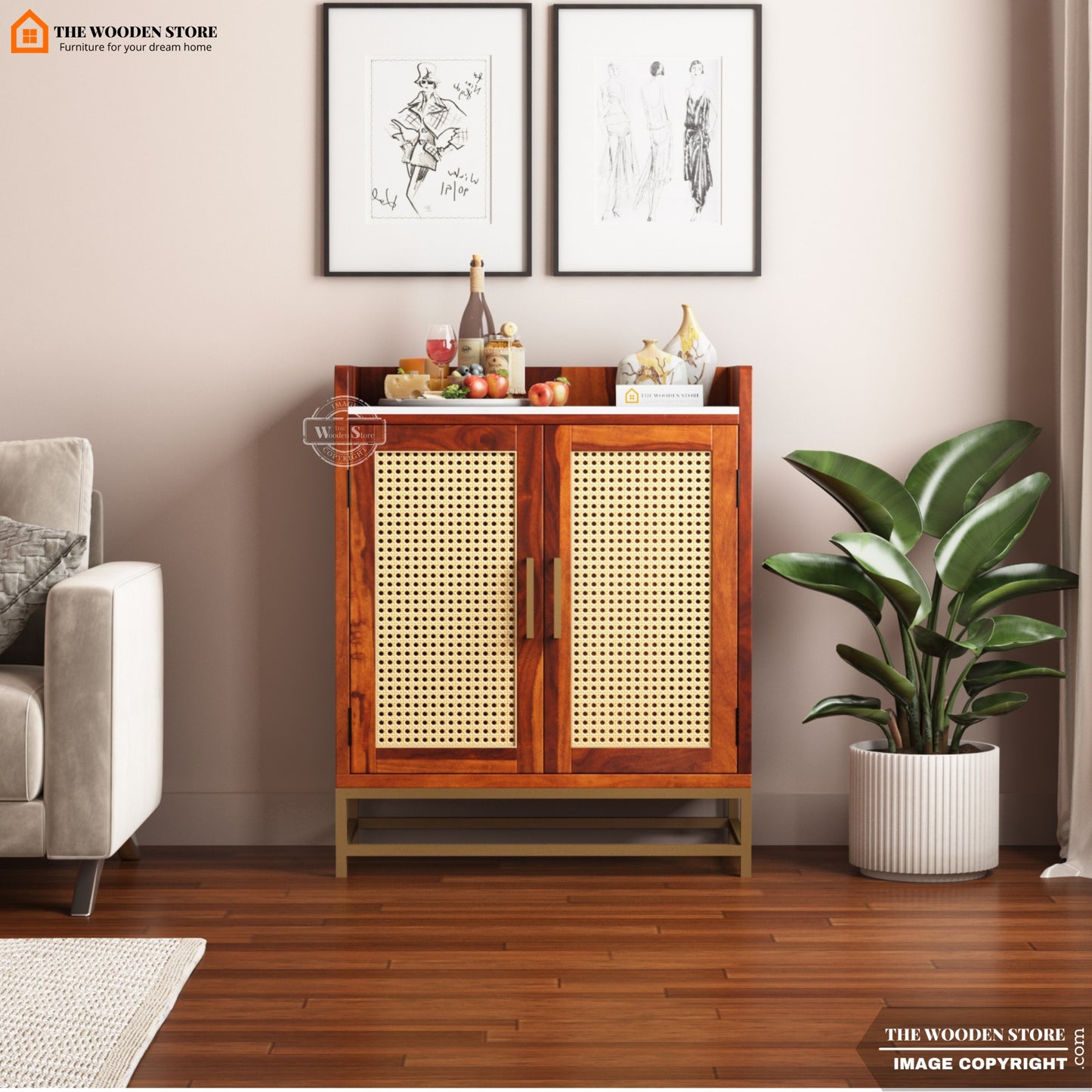 Mervin Bar Cabinet with Marble Top and Cane (Honey Finish)
