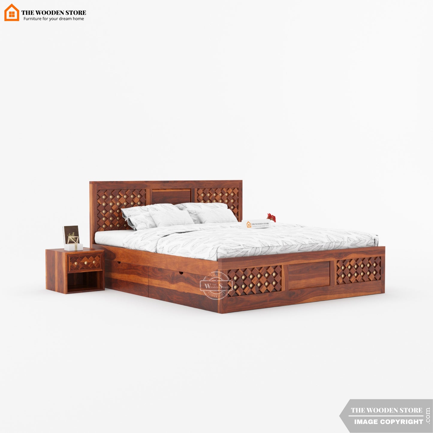 Bronzon Sheesham Wood Bed with Full Drawer Storage (Queen Size, Honey Finish)