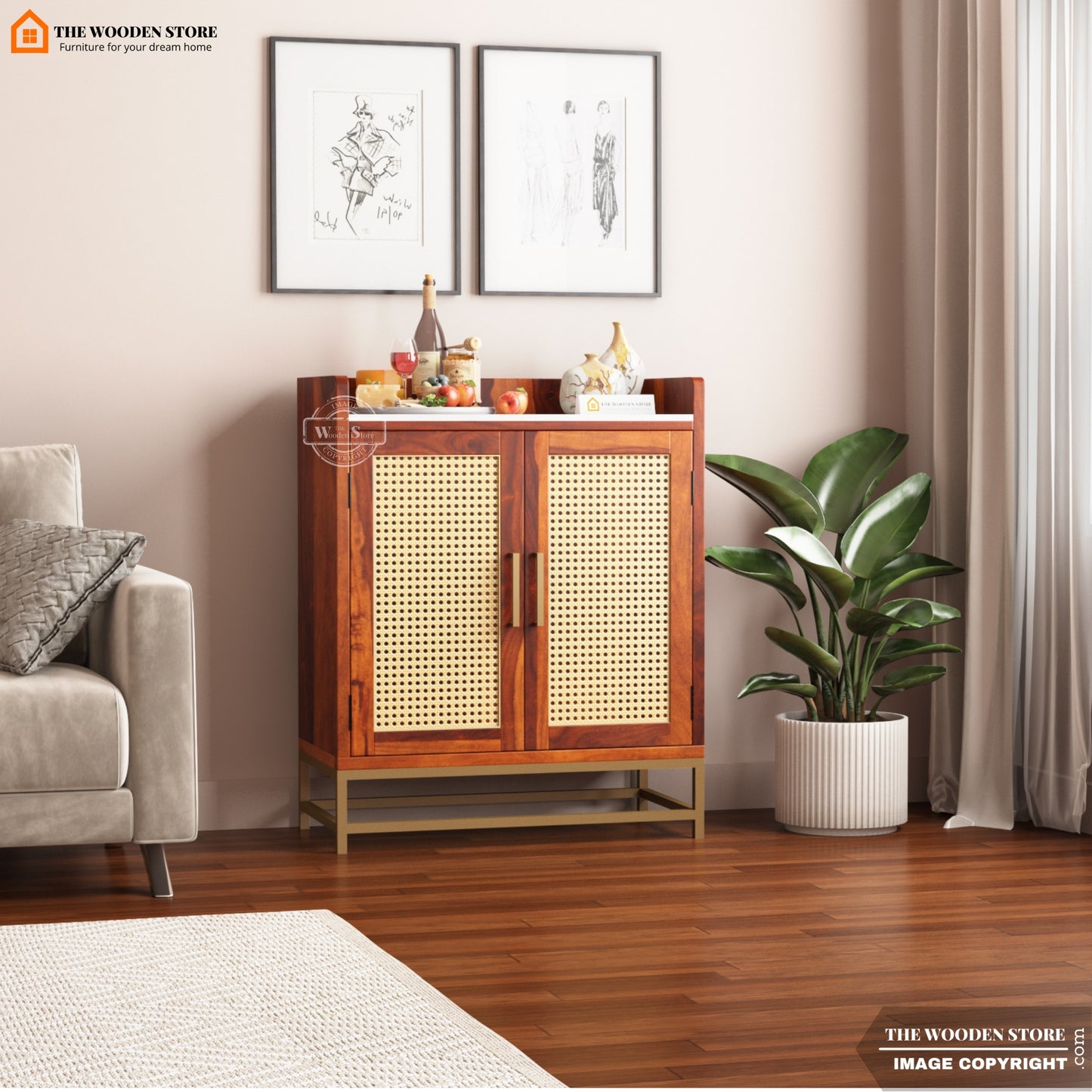 Mervin Bar Cabinet with Marble Top and Cane (Honey Finish)