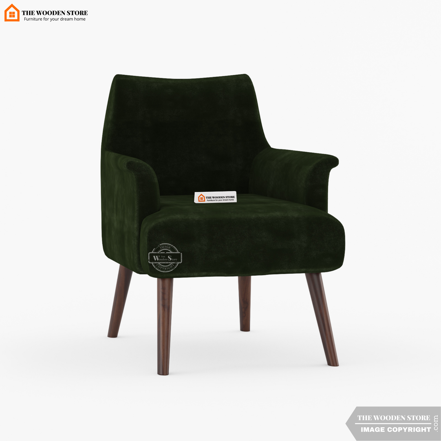 Green armchair with wooden legs on a white background, branded 'The Wooden Store'.