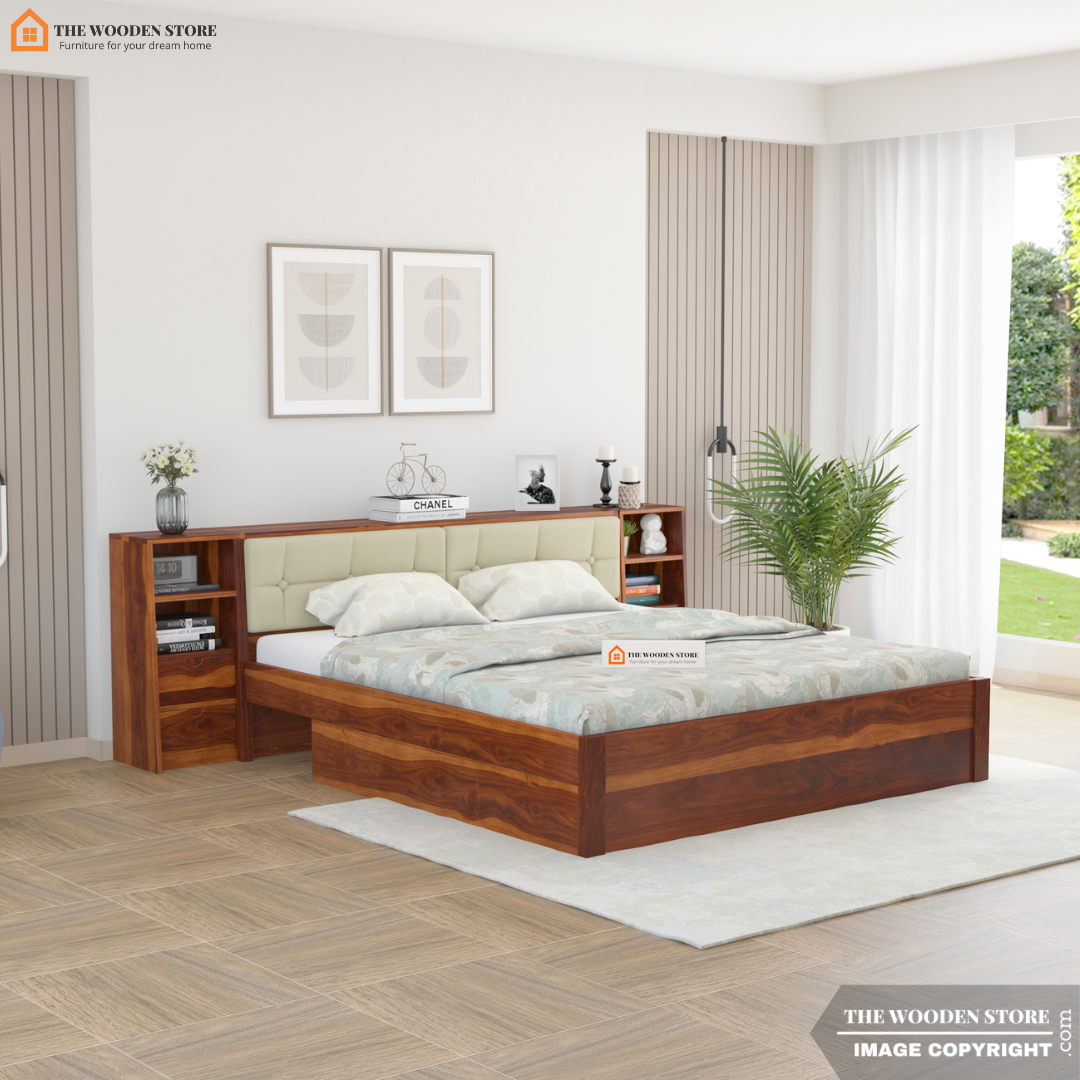 Amelia Drawer Storage Bed With Bedside (Queen Size, Honey Finish)