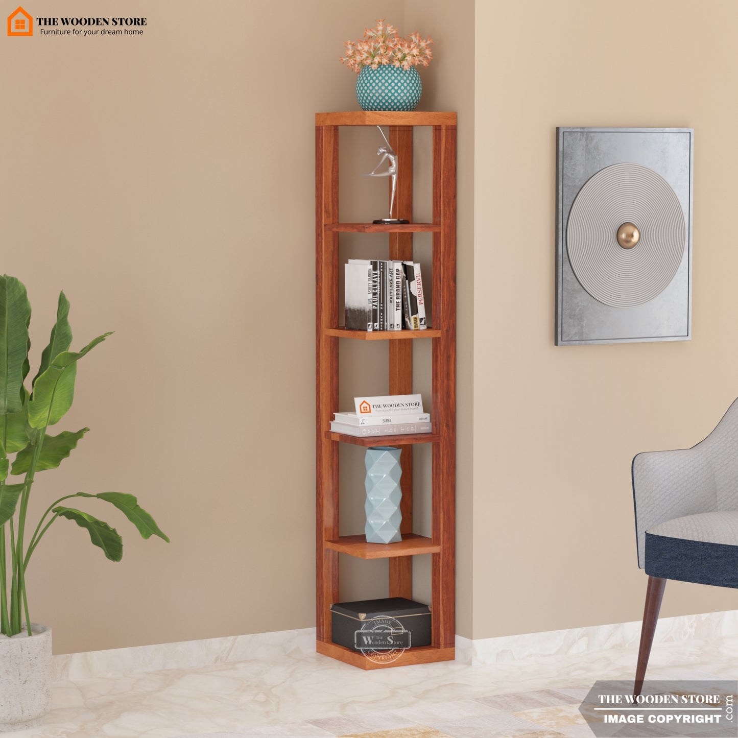 Volley Corner Bookshelf (Honey Finish)