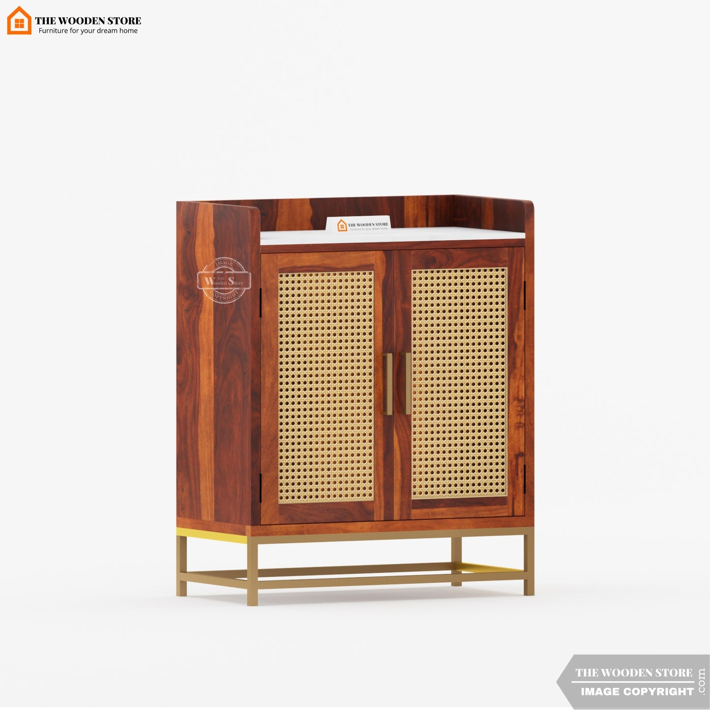 Mervin Bar Cabinet with Marble Top and Cane (Honey Finish)
