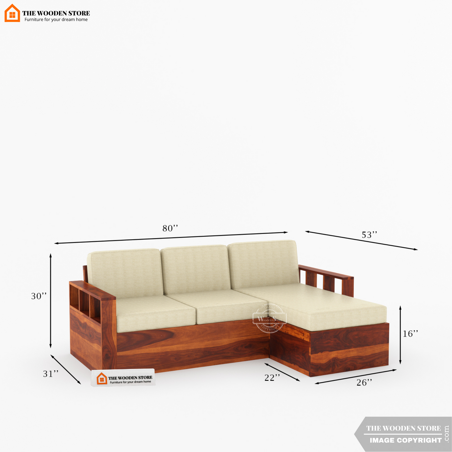 Shawn L-Shaped Sofa with Storage (Honey Finish)