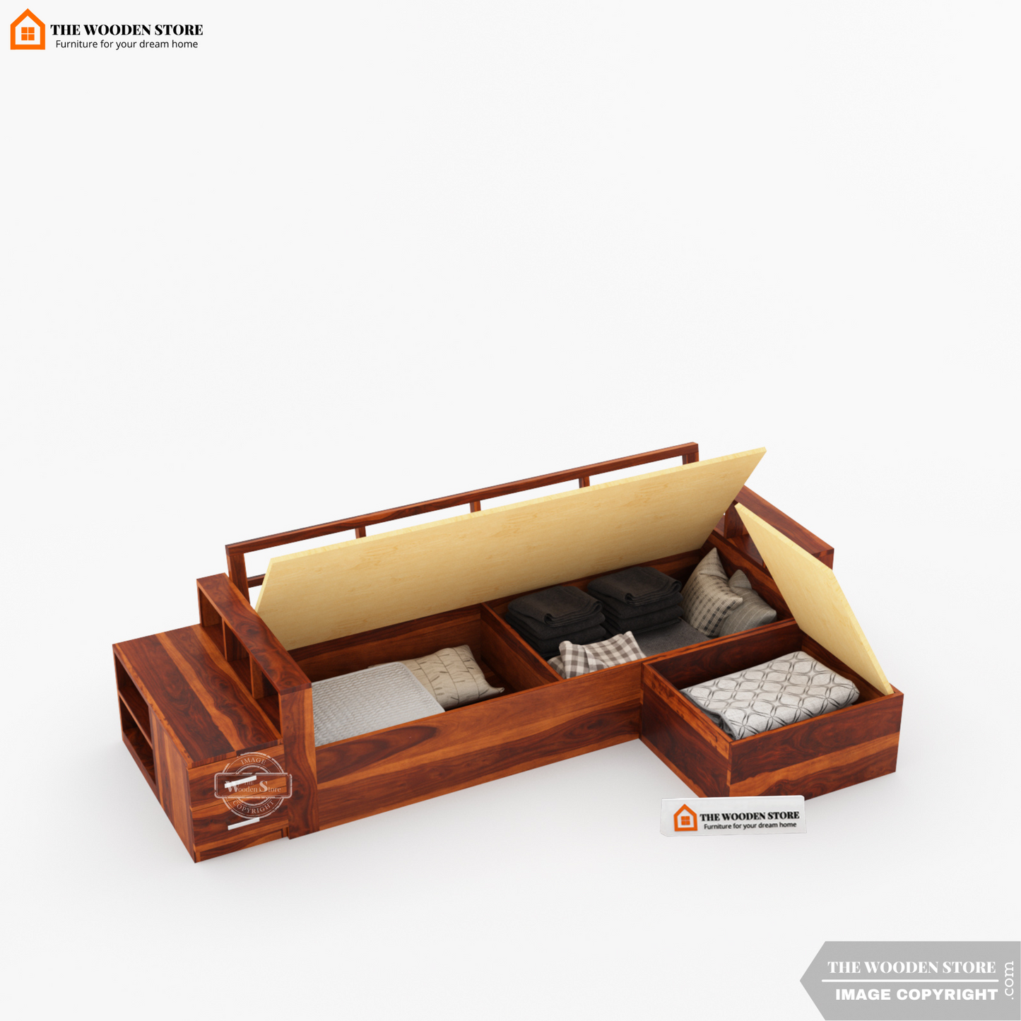 Shawn L-Shaped Sofa with Storage (Honey Finish)