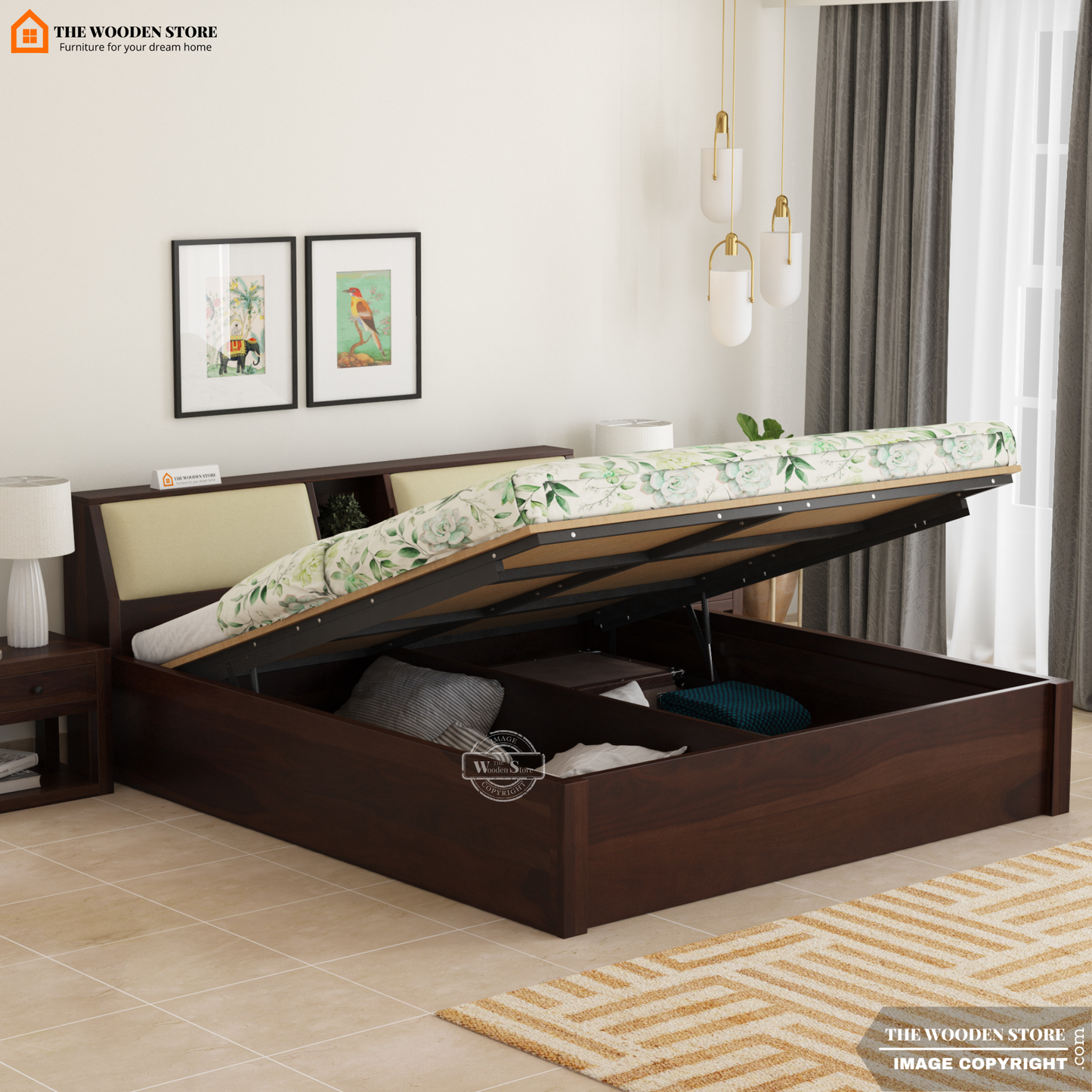 Walker Hydraulic Bed With Storage (King Size, Walnut Finish)