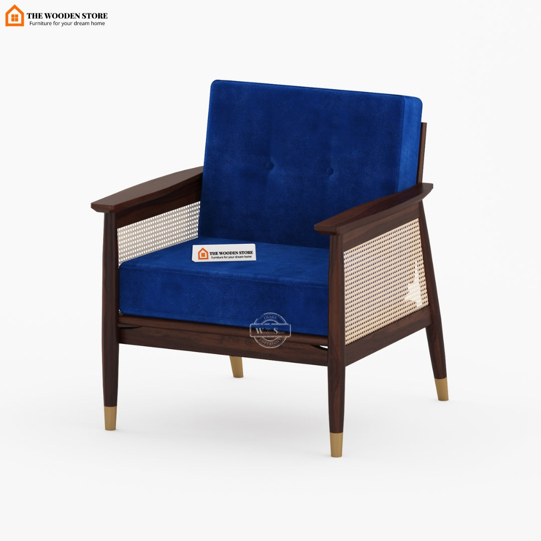 Eliath Cane Arm Chair (Marine Blue, Walnut Finish)