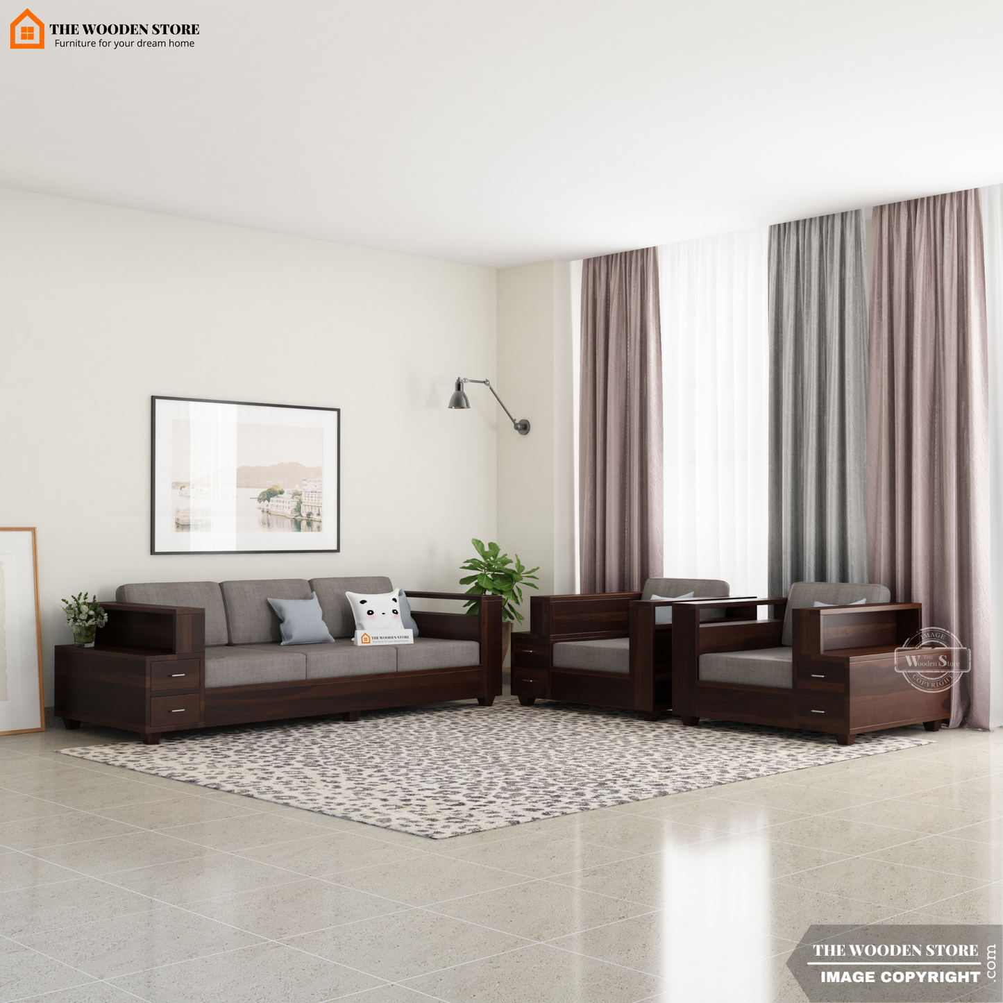Brian 3+1+1 Wooden Sofa Set (Walnut Finish)