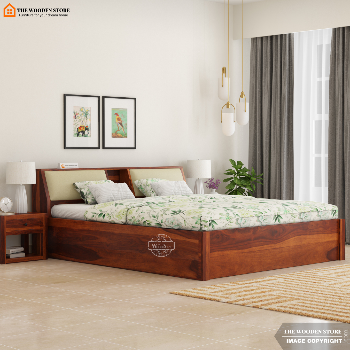 Walker Hydraulic Bed With Storage (Queen Size, Honey Finish)