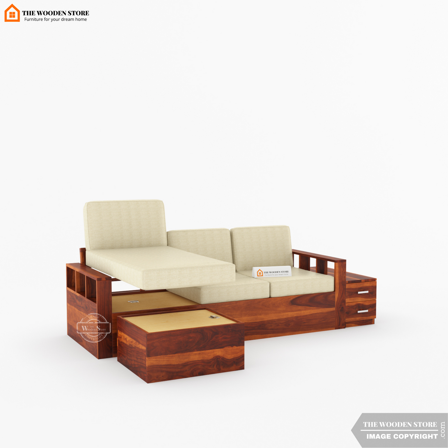 Shawn L-Shaped Sofa with Storage (Honey Finish)
