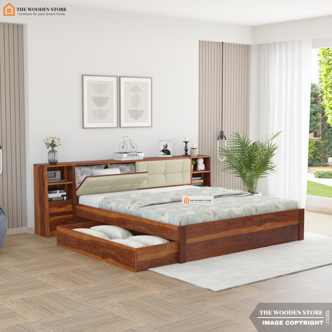 Amelia Drawer Storage Bed With Bedside (Queen Size, Honey Finish)