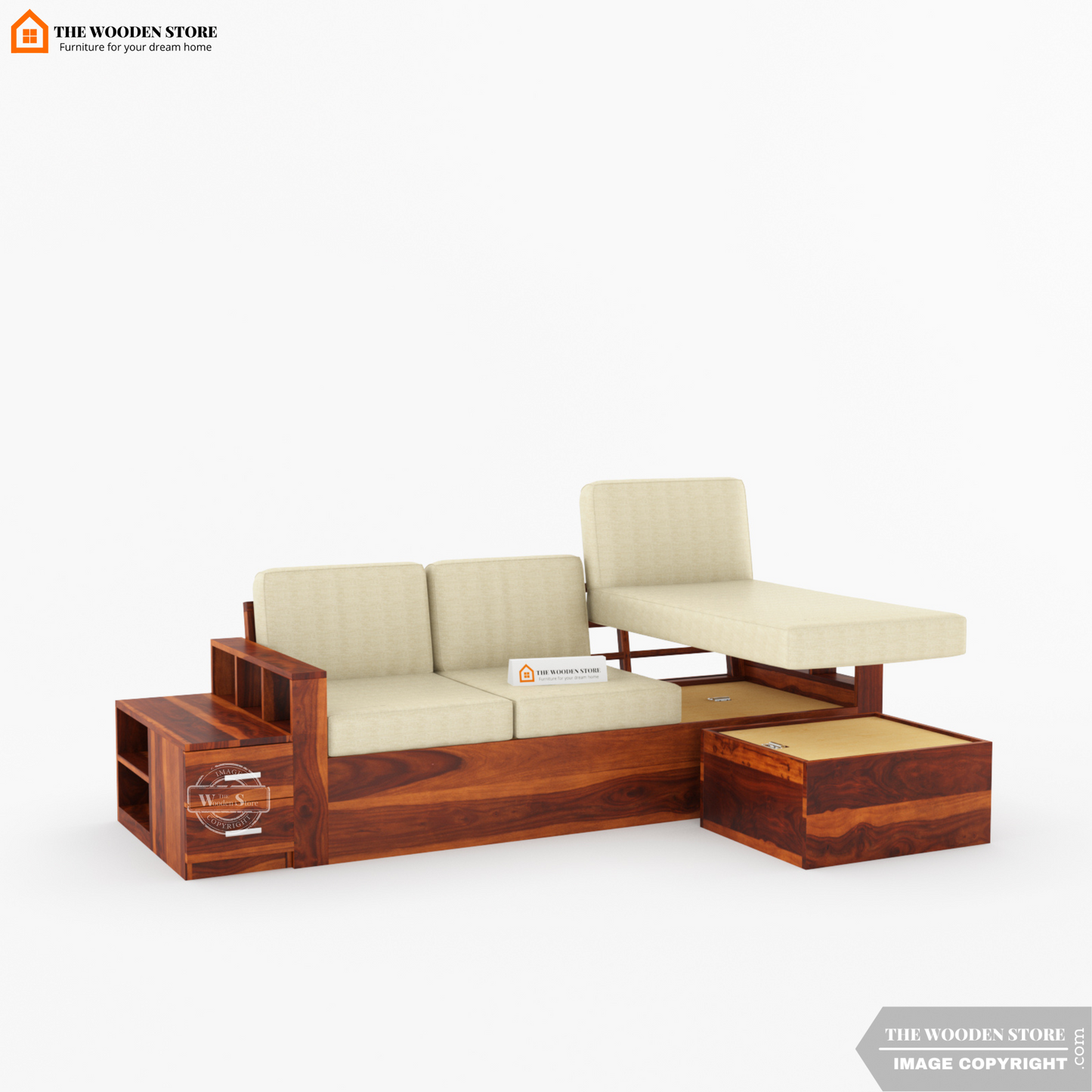 Shawn L-Shaped Sofa with Storage (Honey Finish)