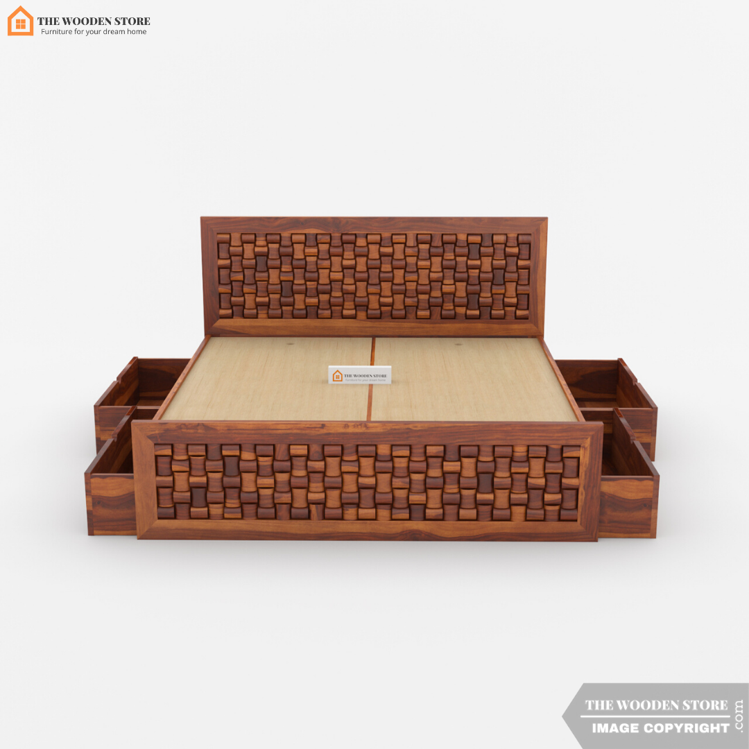 Woodwave Bed with Drawer Storage (King Size, Honey Finish)