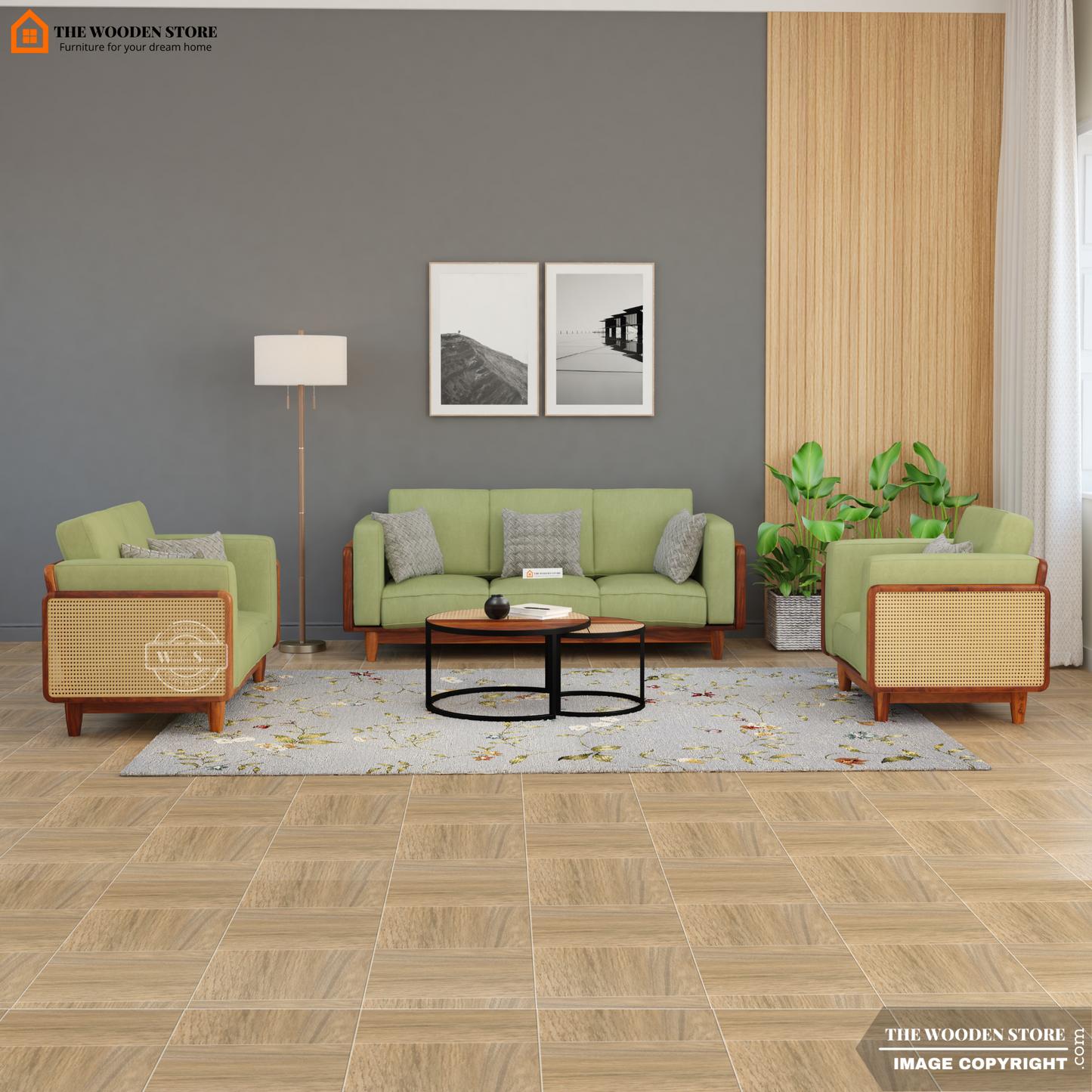Arica 3+2+1 Cane Wooden Sofa Set (Honey Finish)