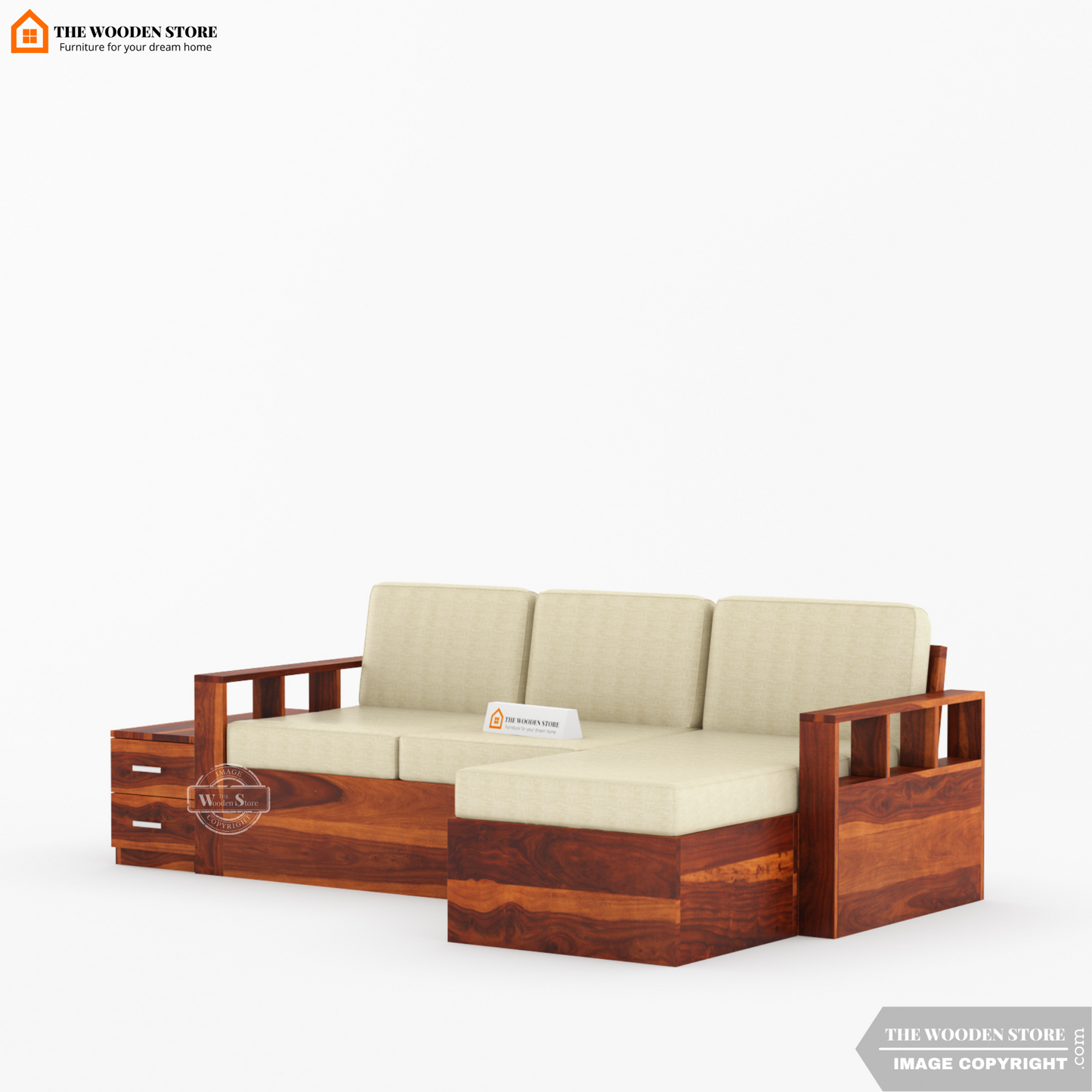 Shawn L-Shaped Sofa with Storage (Honey Finish)