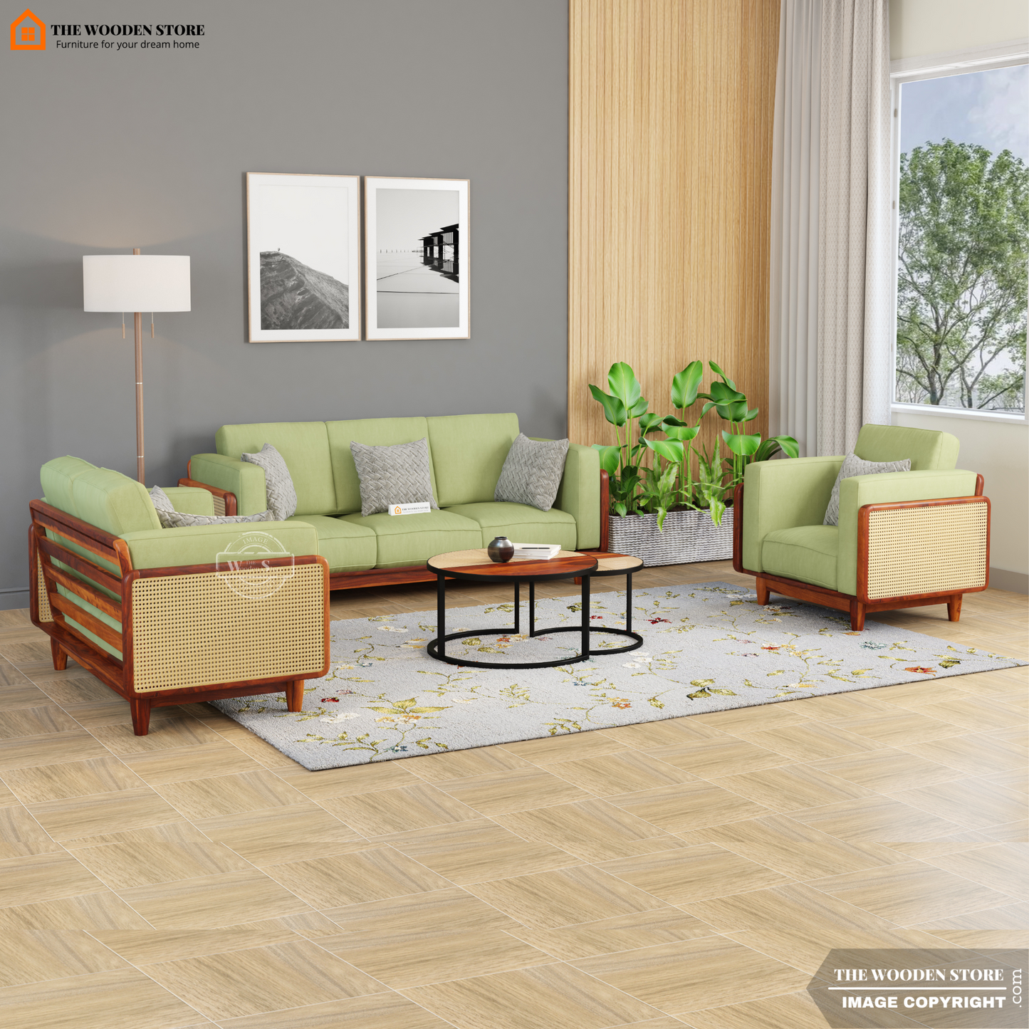 Arica 3+2+1 Cane Wooden Sofa Set (Honey Finish)