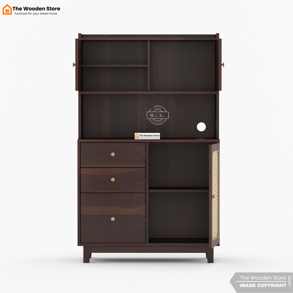 Safura Kitchen Cabinet with Cane Detailing (Walnut Finish)