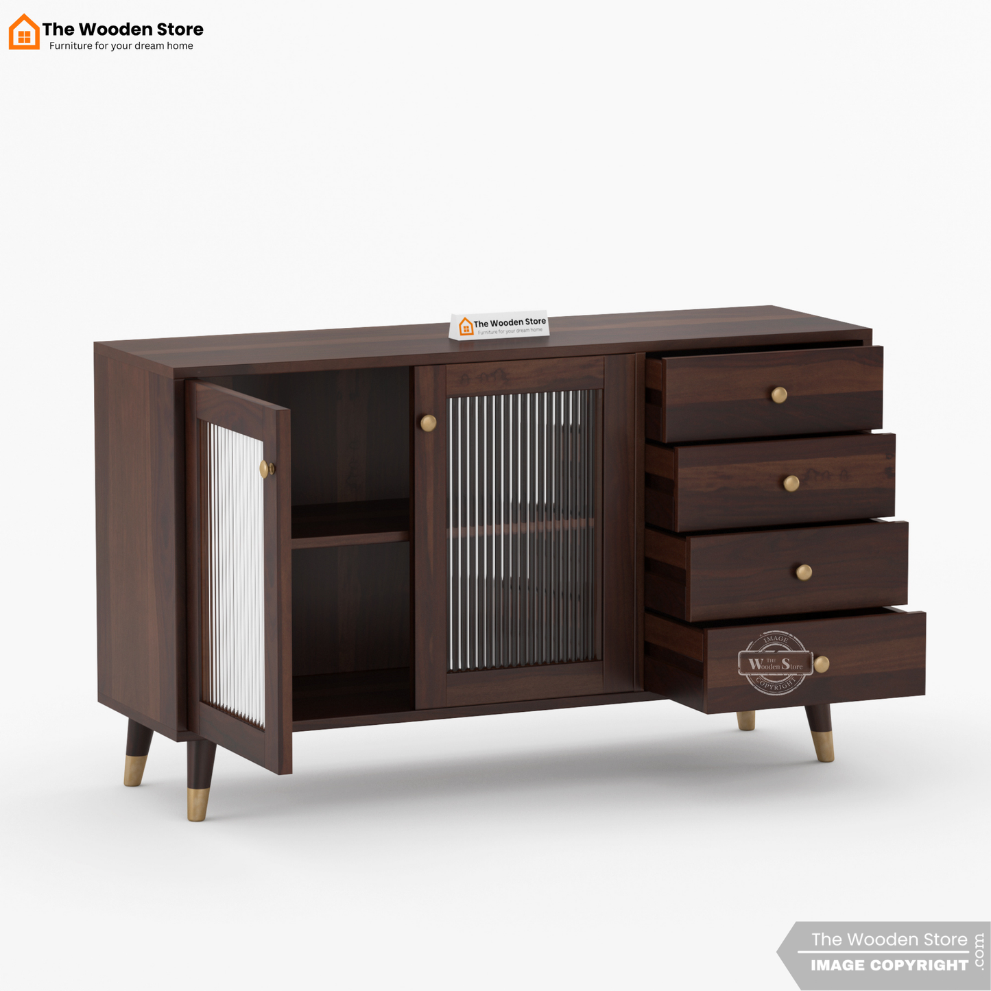 Zosia Kitchen Cabinet with Fluted Glass & Drawer Storage (Walnut Finish)