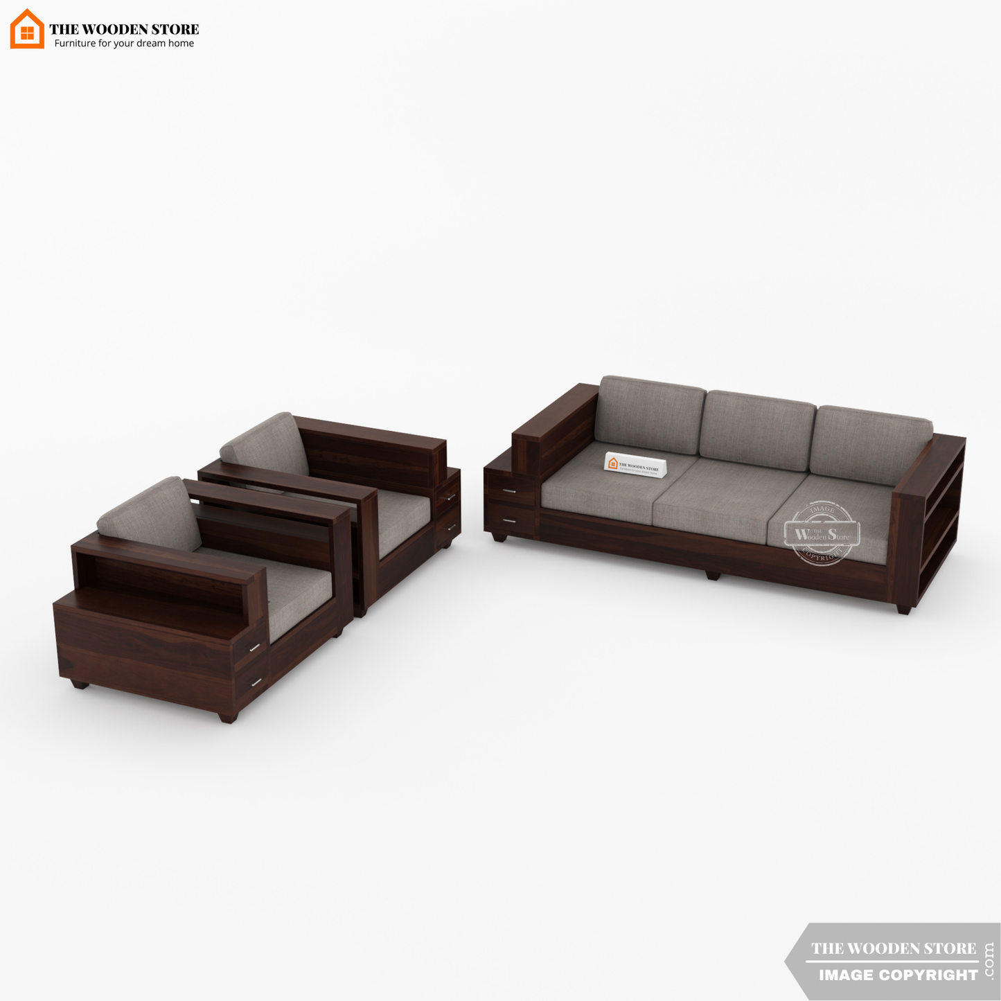 Brian 3+1+1 Wooden Sofa Set (Walnut Finish)