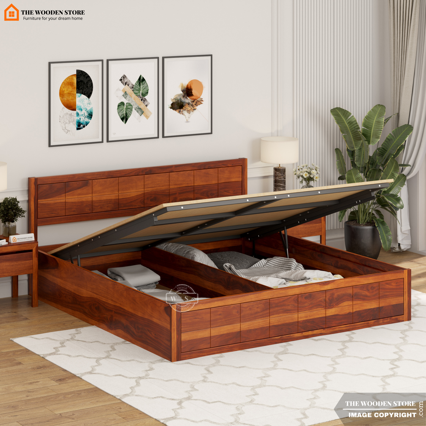 Bricks Hydraulic Bed With Storage (King Size, Honey Finish)