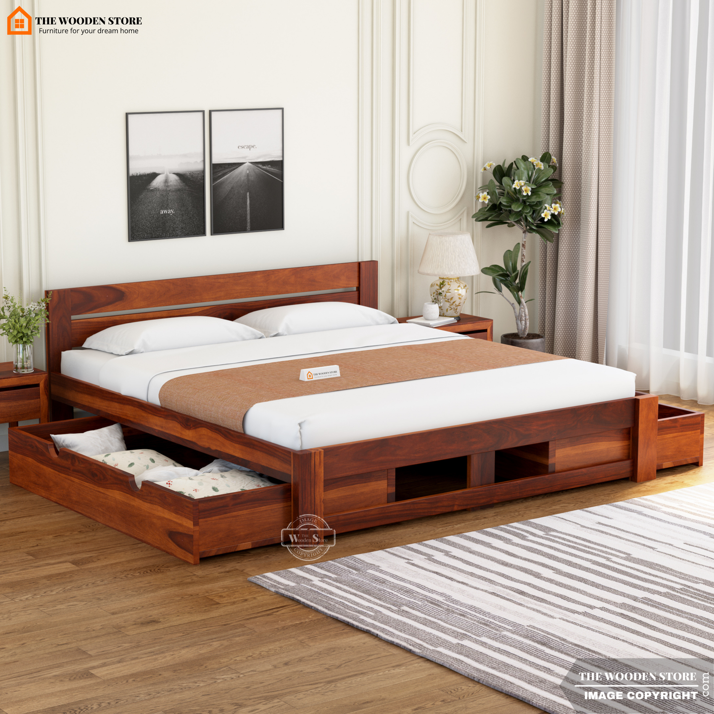 Jasper Bed with Drawer Storage (Queen Size, Honey Finish)