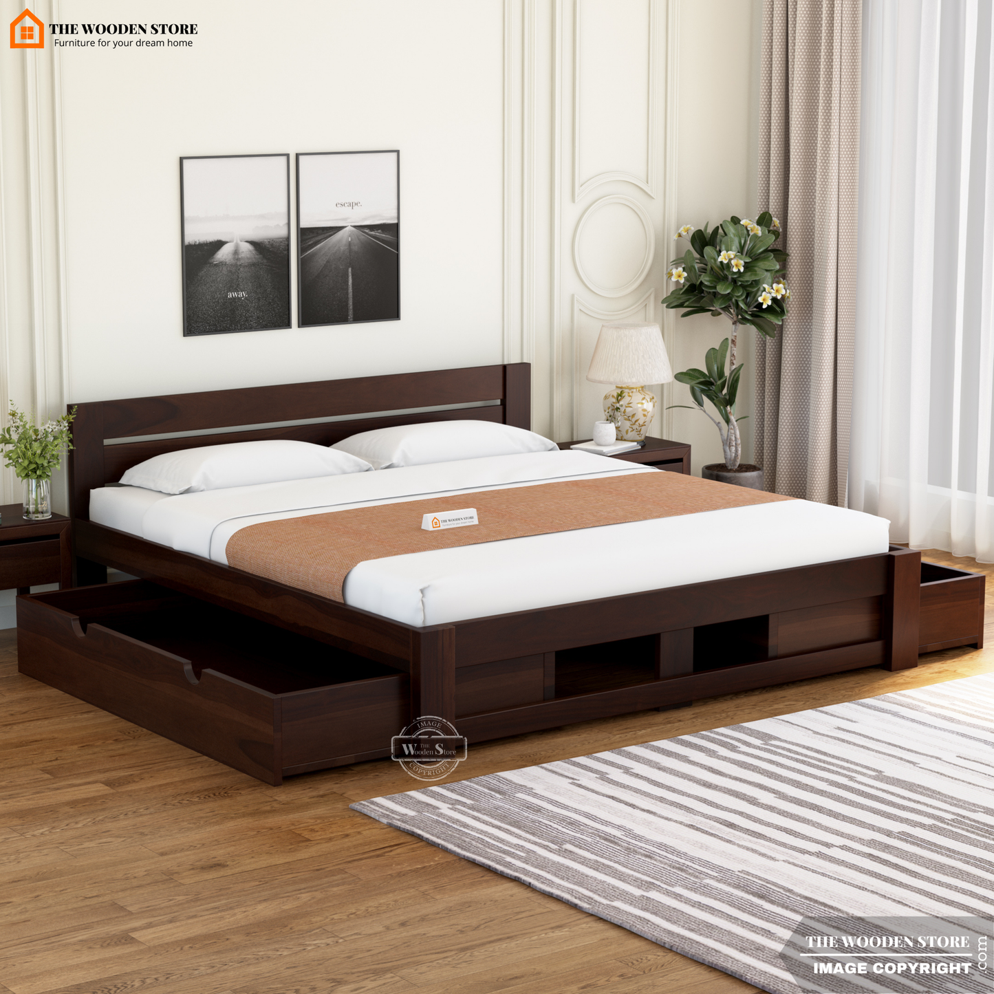 Jasper Bed with Drawer Storage (Queen Size, Walnut Finish)