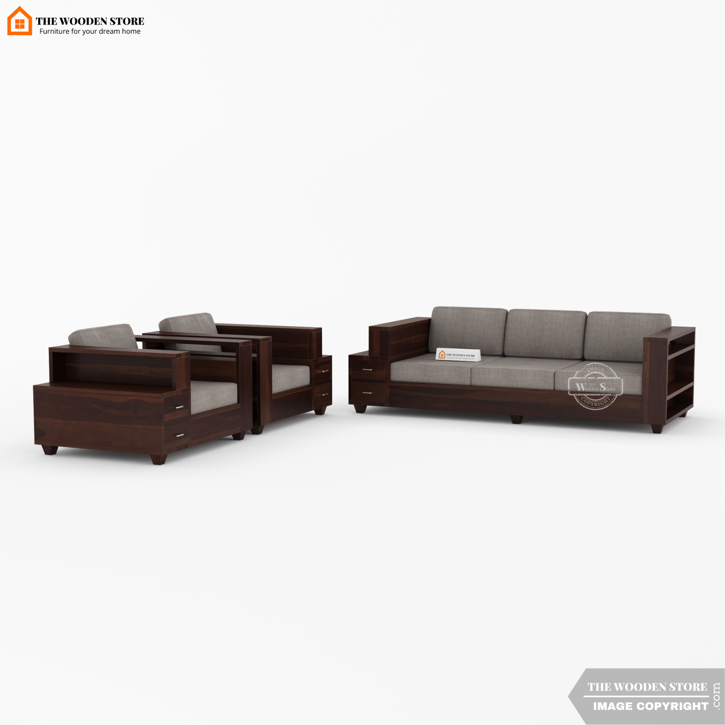 Brian 3+1+1 Wooden Sofa Set (Walnut Finish)