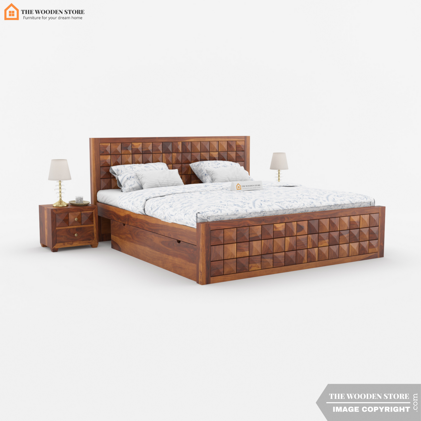Morris Bed with Drawer Storage (King Size, Honey Finish)