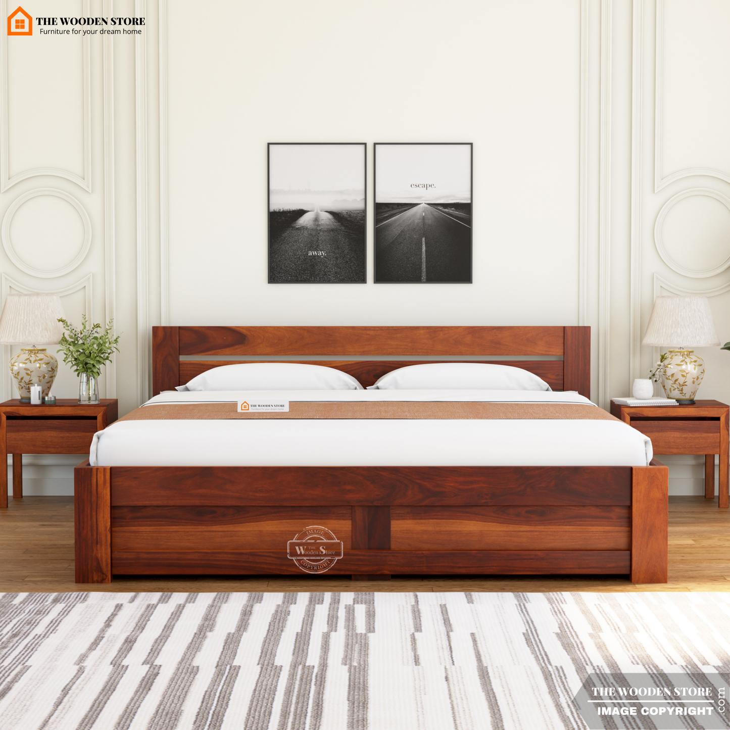 Jasper Bed with Drawer Storage (Queen Size, Honey Finish)