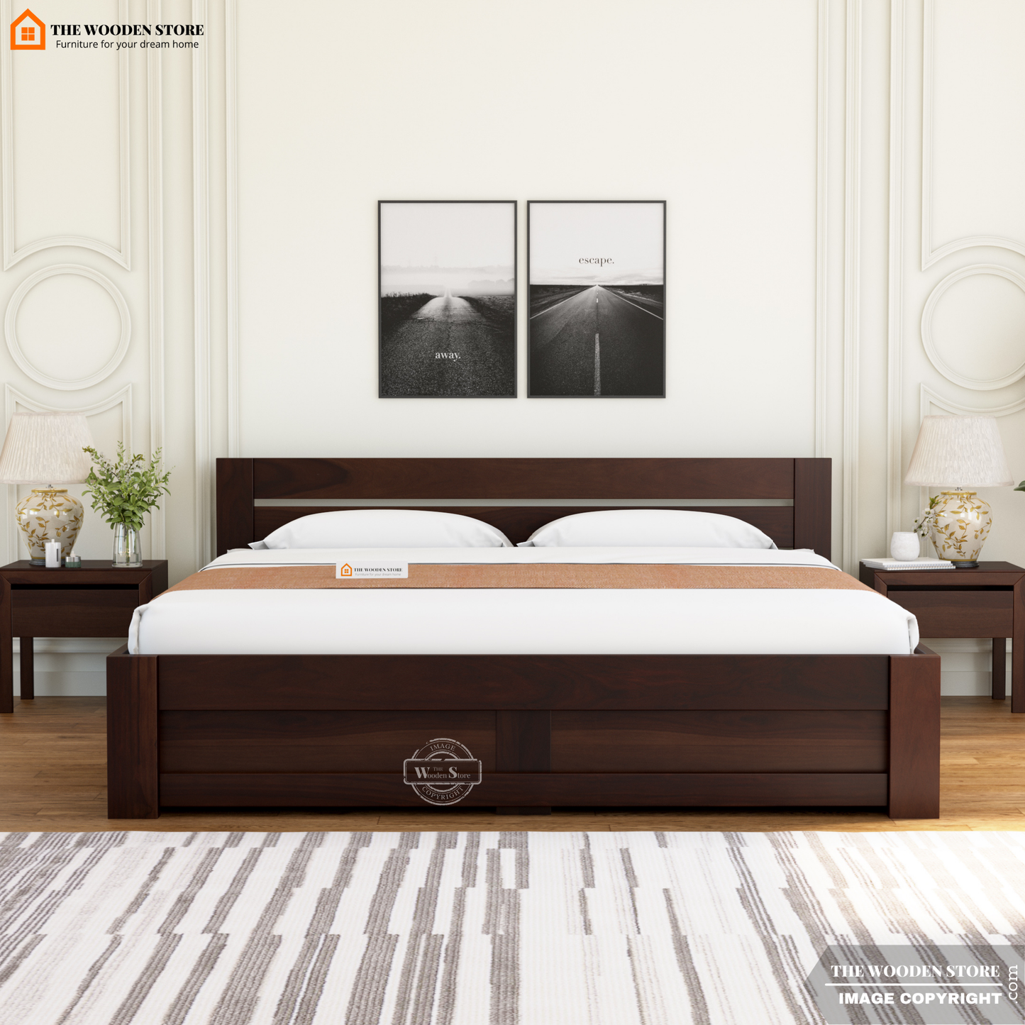 Jasper Bed with Drawer Storage (Queen Size, Walnut Finish)