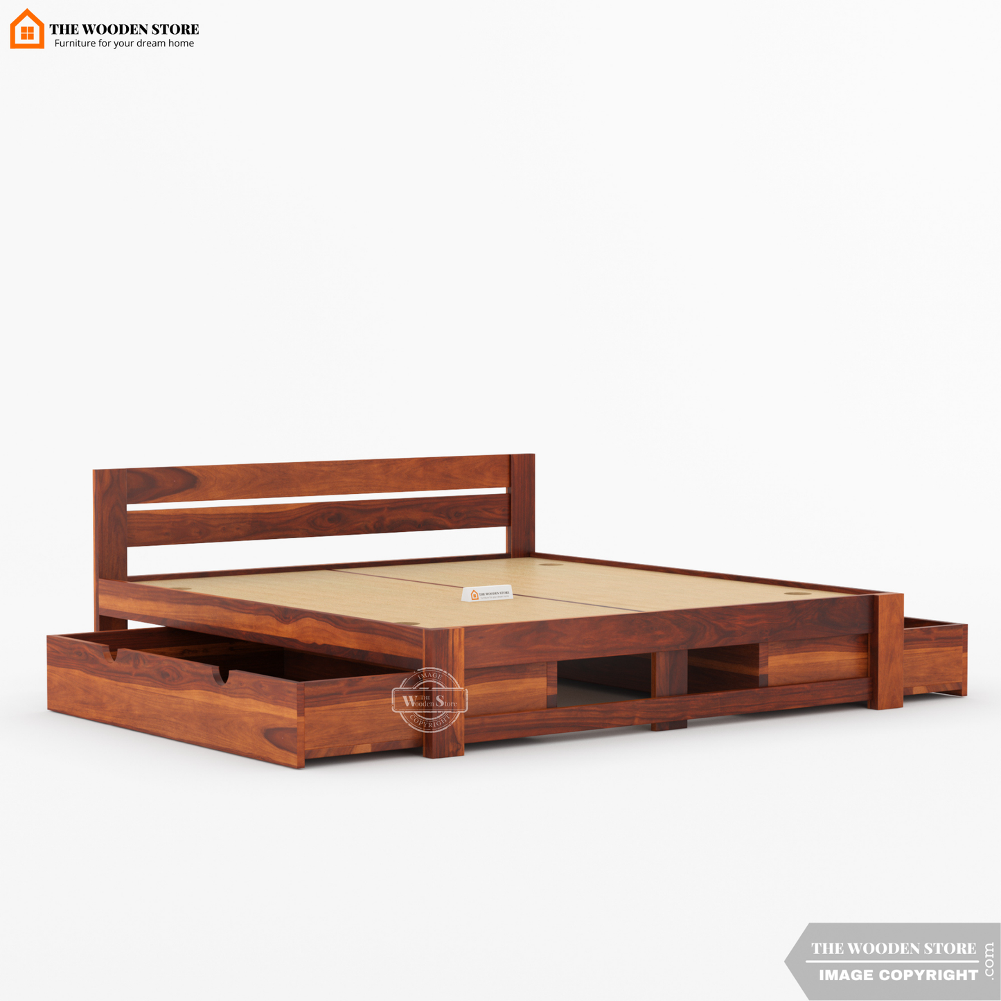 Jasper Bed with Drawer Storage (Queen Size, Honey Finish)