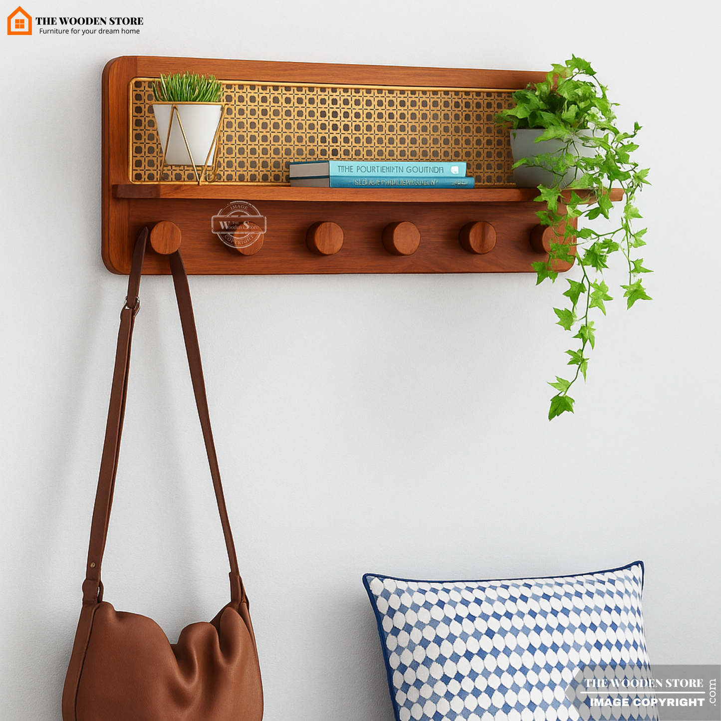 Remi Wall Shelf with Key Holders (Honey Finish)