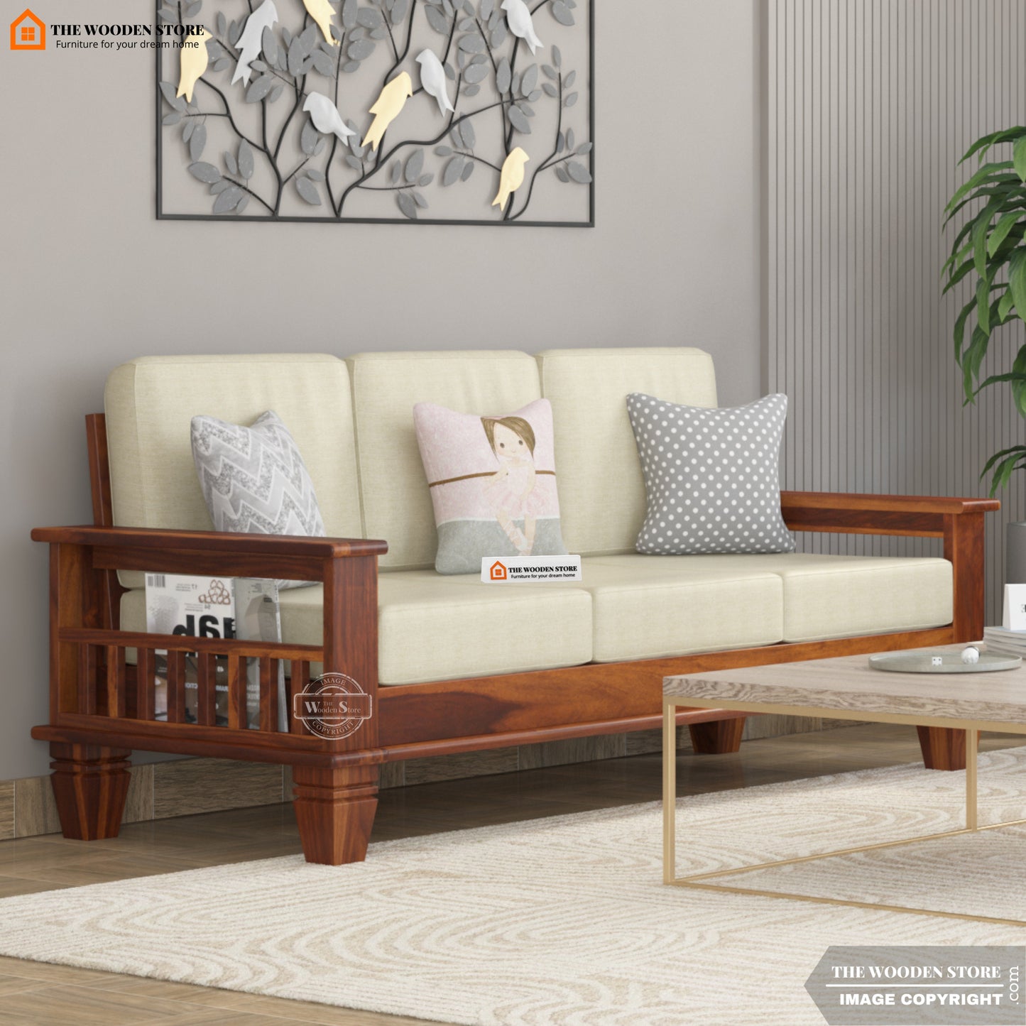 Charlie 3 Seater Wooden Sofa (Honey Finish)