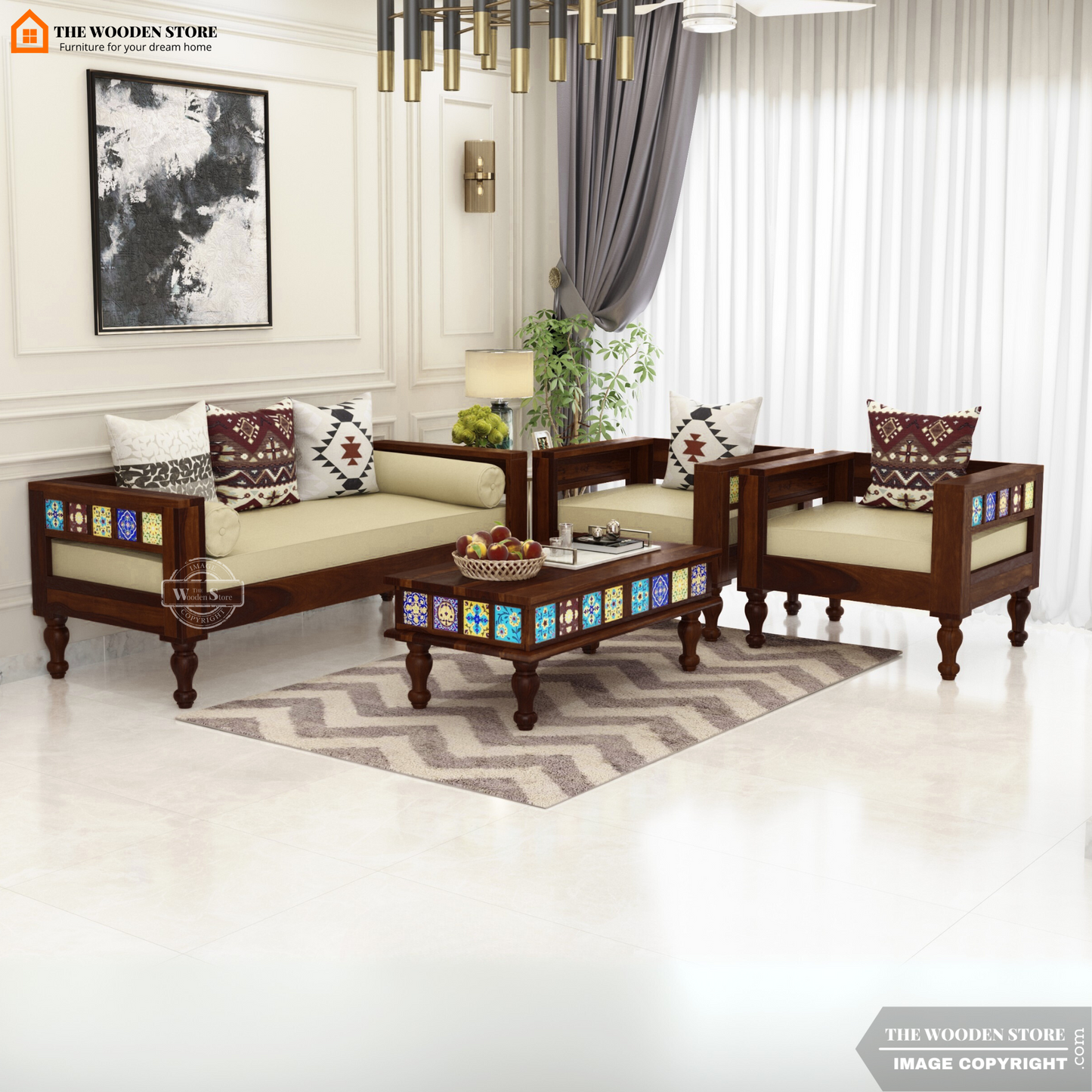 Bunny 3+1+1 Wooden Sofa Set (Walnut Finish)