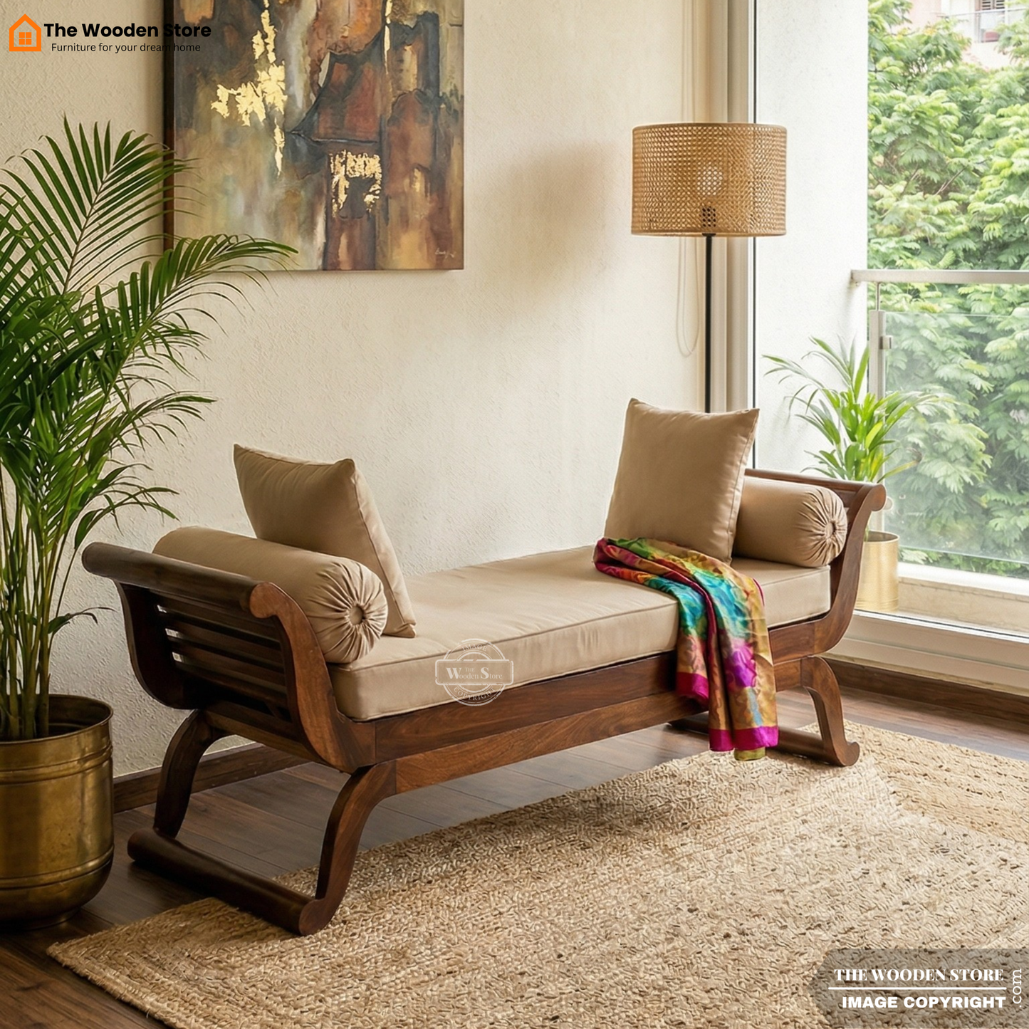 Krishna Recamier With Upholstery (Honey Finish)