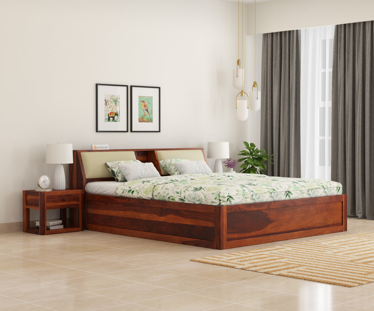 Donald Bed With Box Storage (King Size, Honey Finish)