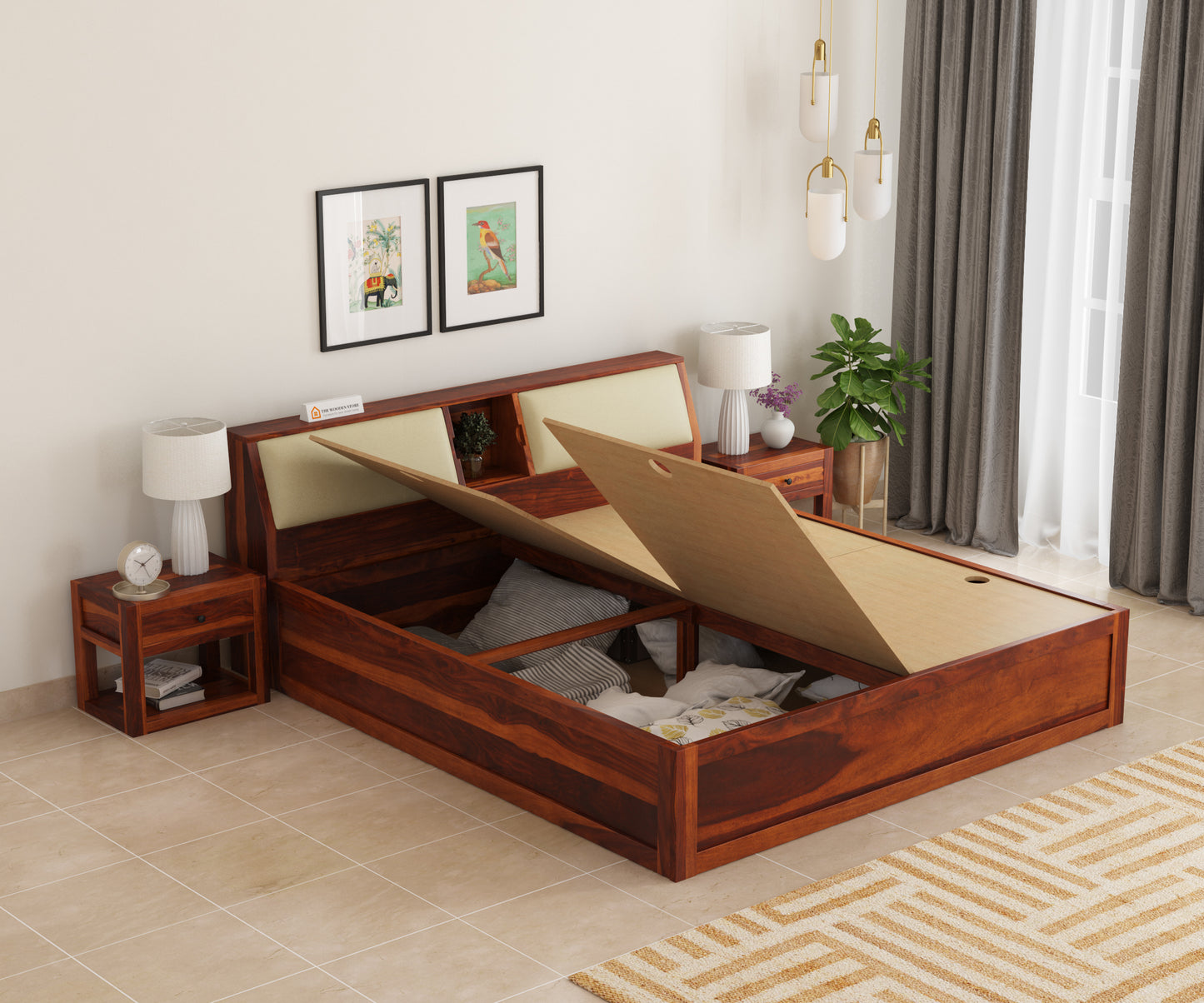 Donald Bed With Box Storage (King Size, Honey Finish)