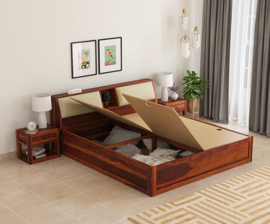 Donald Bed With Box Storage (King Size, Honey Finish)