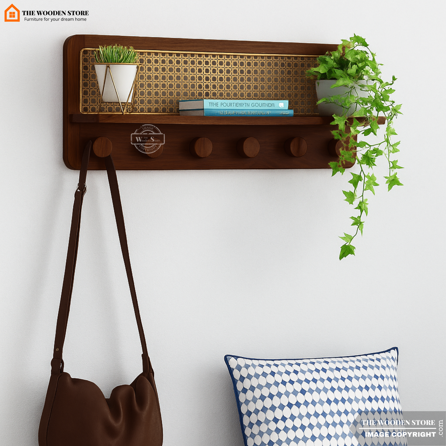 Remi Wall Shelf with Key Holders (Walnut Finish)