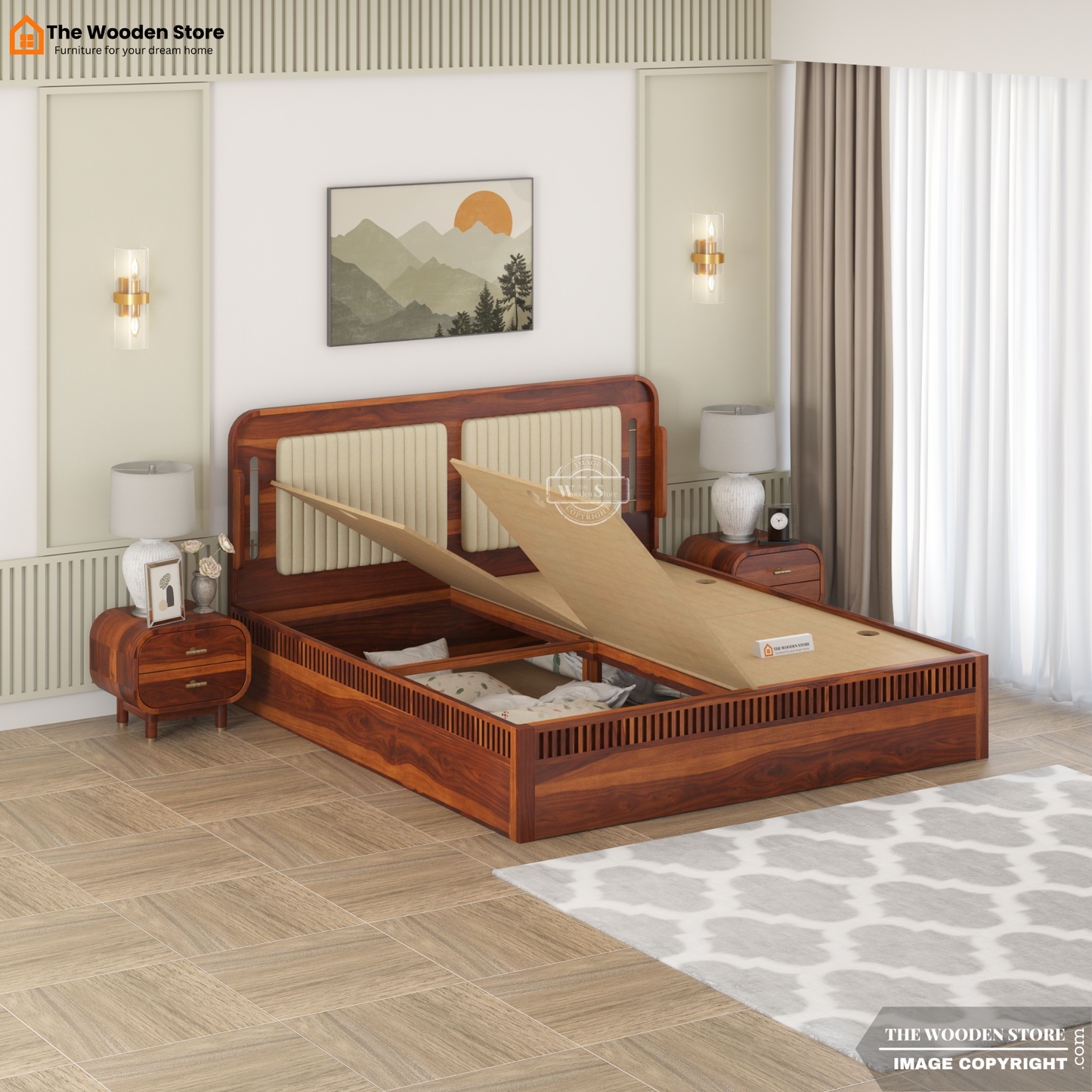 Liam Upholstered Bed With Box Storage (Queen Size, Honey Finish)